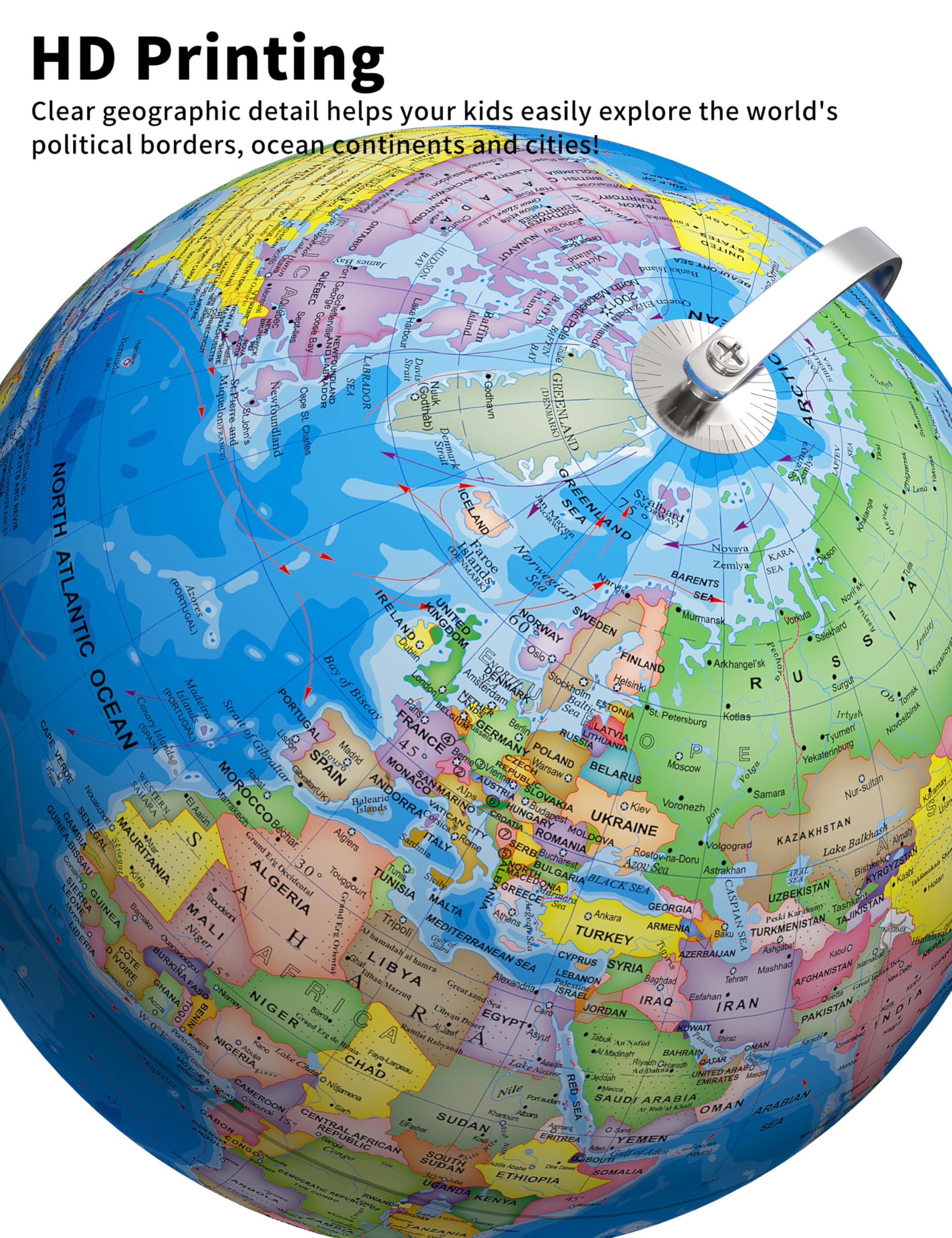 Globo mundial grande de 13 pulgadas con soporte, globo educativo para el aprendizaje de los niños, detalles coloridos del mapa del mundo HD, lámpara de globos iluminados con base estable de 4