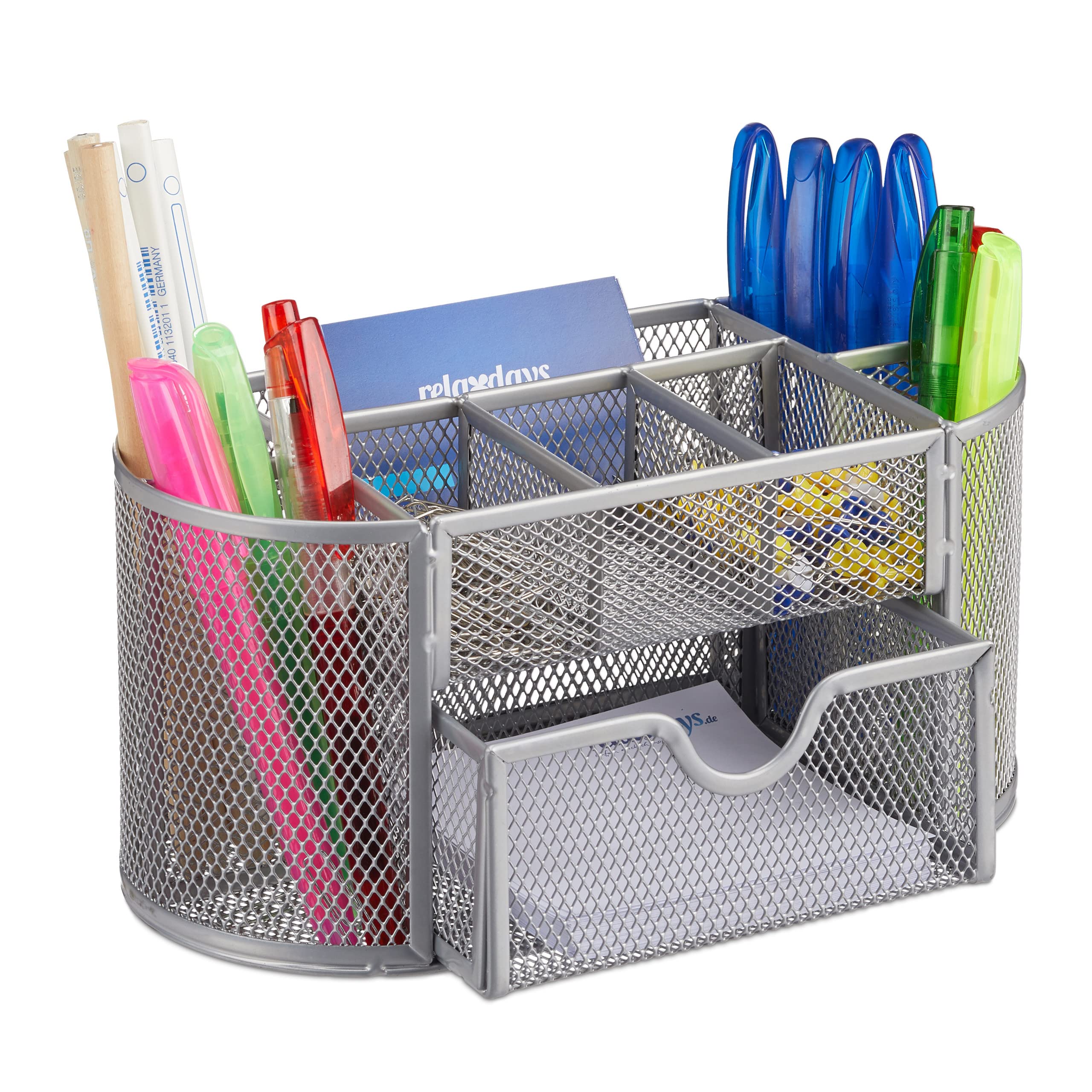 Relaxdays Desk Organiser, Stationery Tray with Pen Holder & Note Box, HWD: 10.5x22x11cm cm, Silver