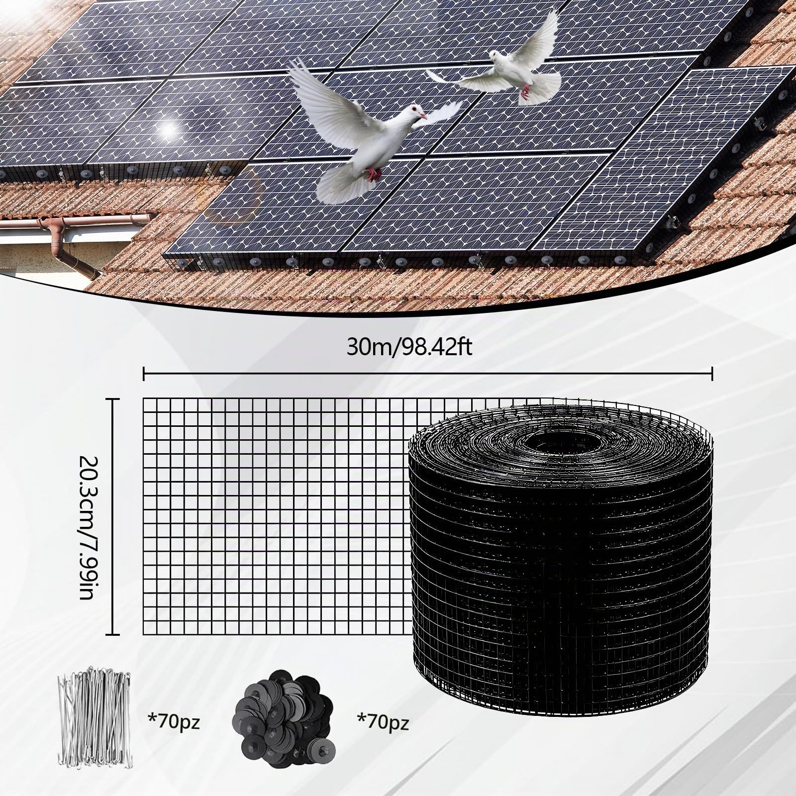 Dissuasore per Piccioni per Pannelli Solari 20 cm x 30 m, PVC Zincato Dissuasore per Uccelli, Rete per Uccelli per Impianti Fotovoltaici per la Protezione, Rete di Protezione per Tetti