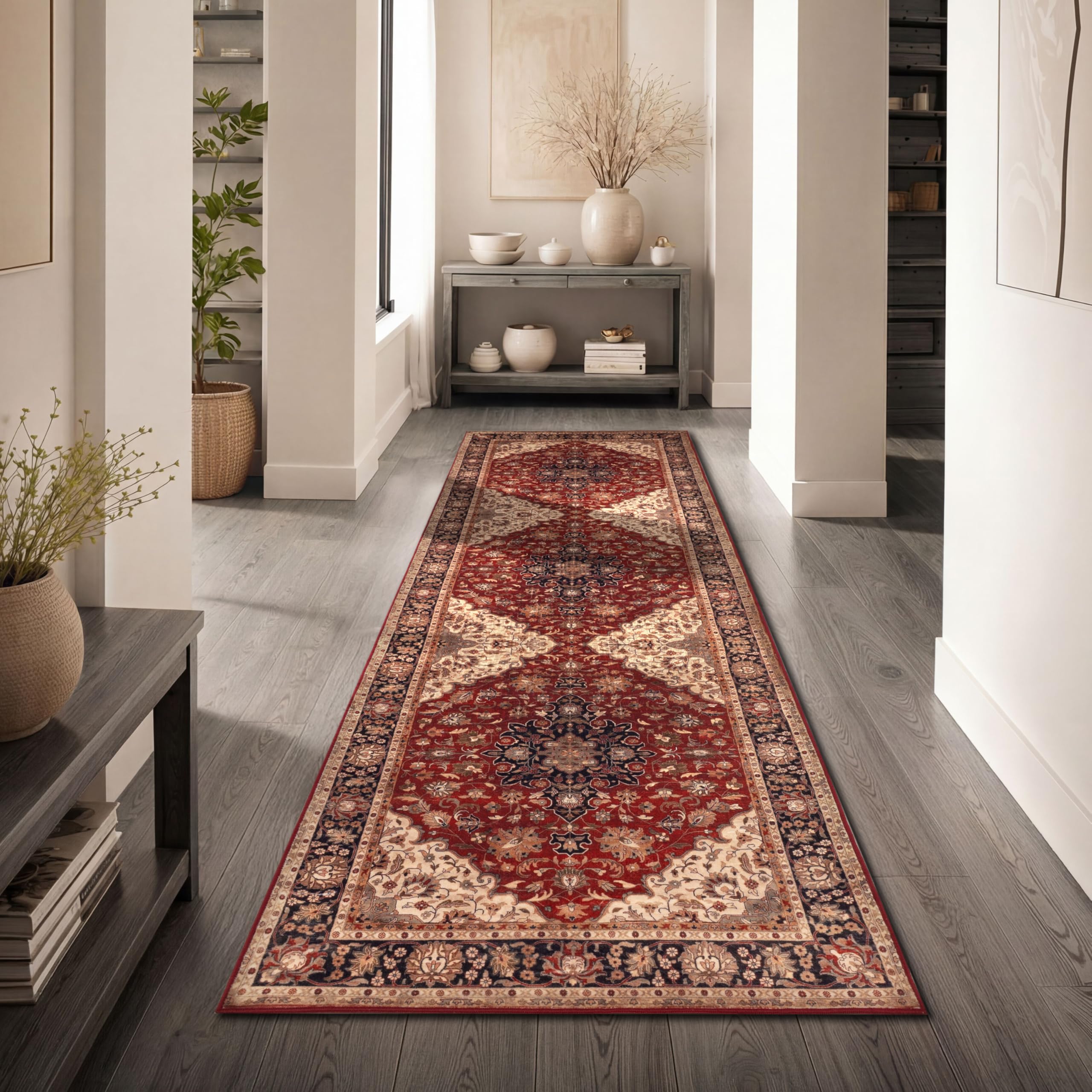 Paco Home Vintage Wohnzimmerteppich Kurzflor klassisches orientalisches Design waschbar & rutschfest pflegeleicht Schlafzimmer Esszimmer, Farbe:Rot-Beige, Größe:80x300 cm