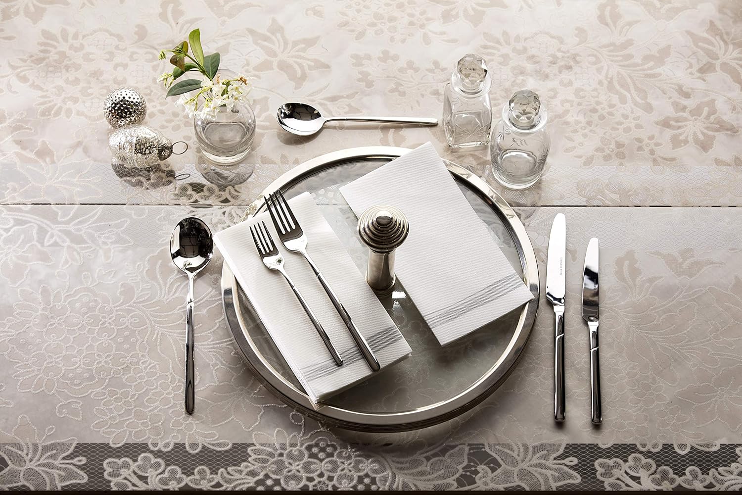 Disposable Hand Towels | Decorative Dinner Napkins | Soft, Absorbent Disposable Paper Guest Towels for Kitchen, Bathroom, Parties, Weddings, Dinners Or Events White and Silver Napkins 100 Pack