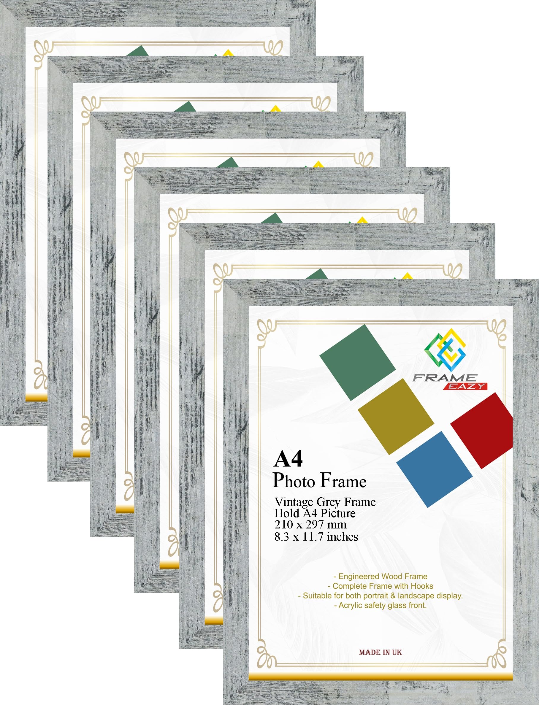 FRAME EAZY Vintage Grey Modern A4 Photo Frame Multipack of 6 in Size 29.7 x 21cm Picture Frames - A4 Certificate Frame - Vintage Grey Frame with Clear Perspex Sheet & Wall Mounted Hooks - Box of 6