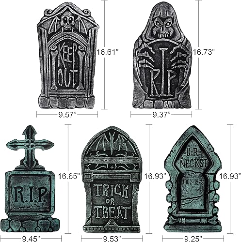 Miniatura 7 de JOYIN Paquete de 5 decoraciones de lápida de cementerio de Halloween, lápida espeluznante (2 con luces LED), para decoración de letreros de patio,