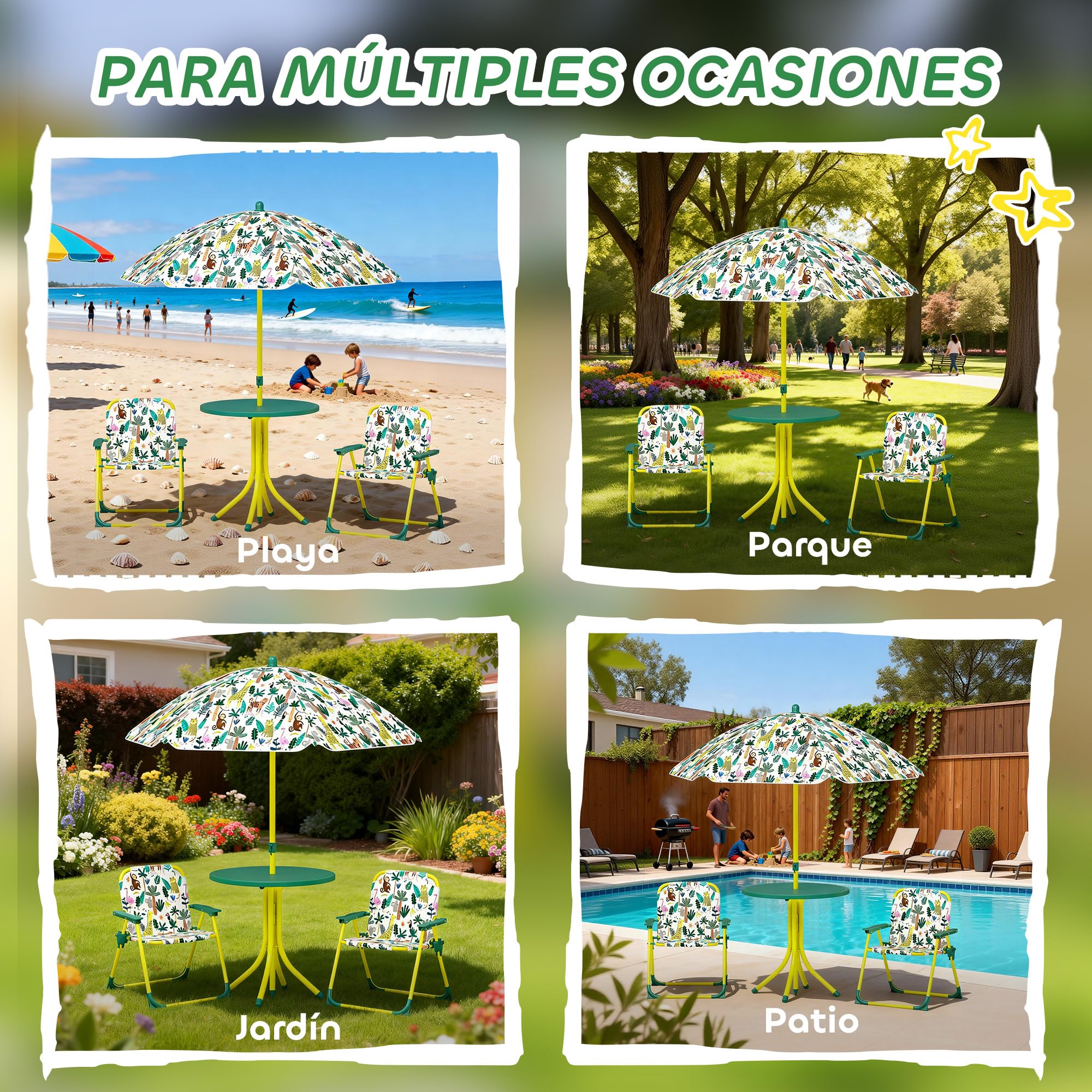 AIYAPLAY Conjunto de Mesa y Sillas Infantil de Jardín de 4 Piezas, Mesa Infantil con Sillas Plegables, Sombrilla Desmontable, Diseño de Jungla, para Patio, Pícnic, Verde