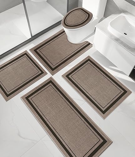 Miniatura 48 de chakme Juego de 2 alfombras de baño ultrafinas, absorbentes, antideslizantes, lavables a máquina, color beige oscuro, 17 x 24 pulgadas + tapete para