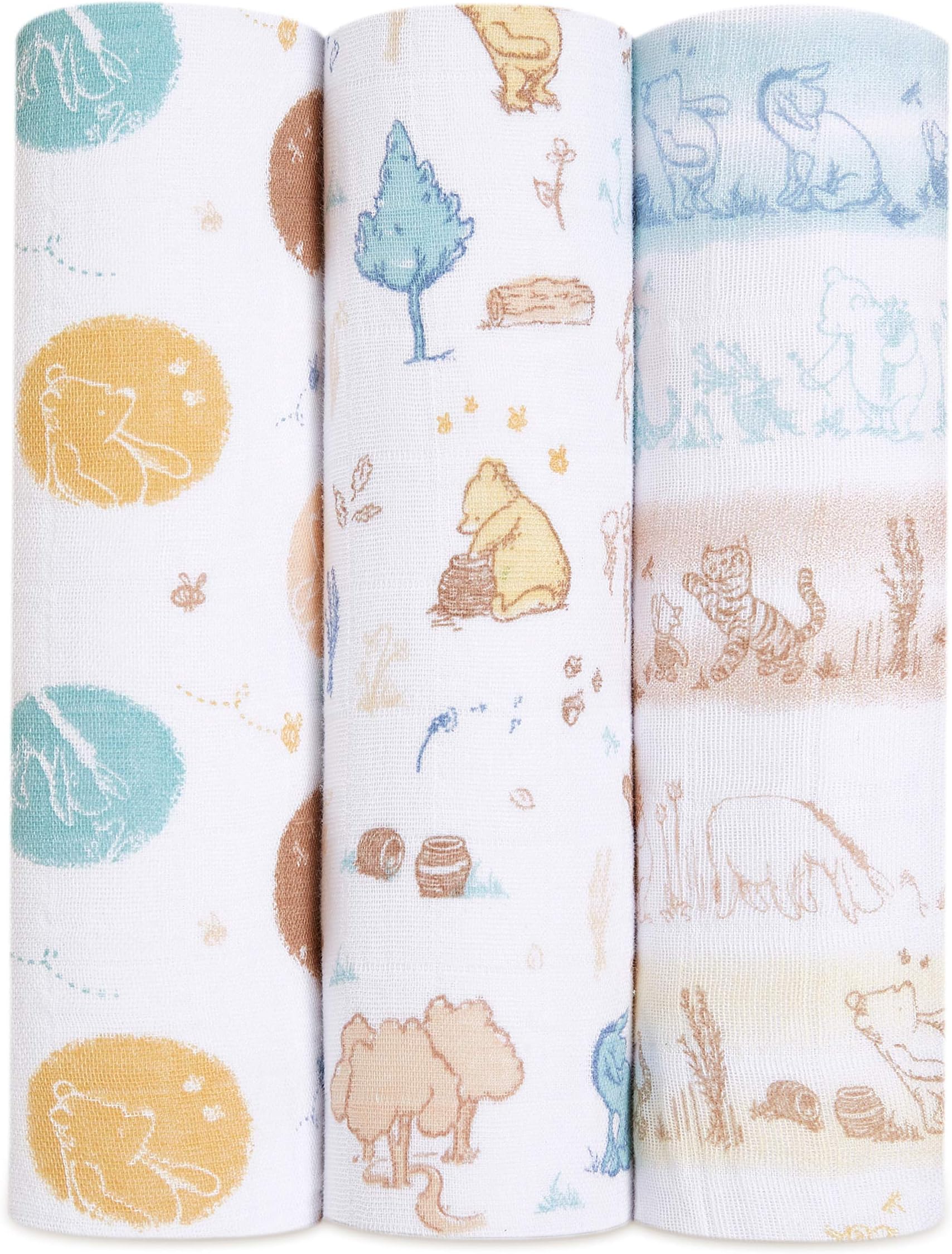 aden + anais 100% Cotton Muslin Swaddle and Receiving Blankets for Baby Girls & Boys, Ideal Newborn & Infant Swaddling Wrap Set, Perfect Shower Gifts, Winnie in The Woods, 120 x 120 cm, 3 Pack