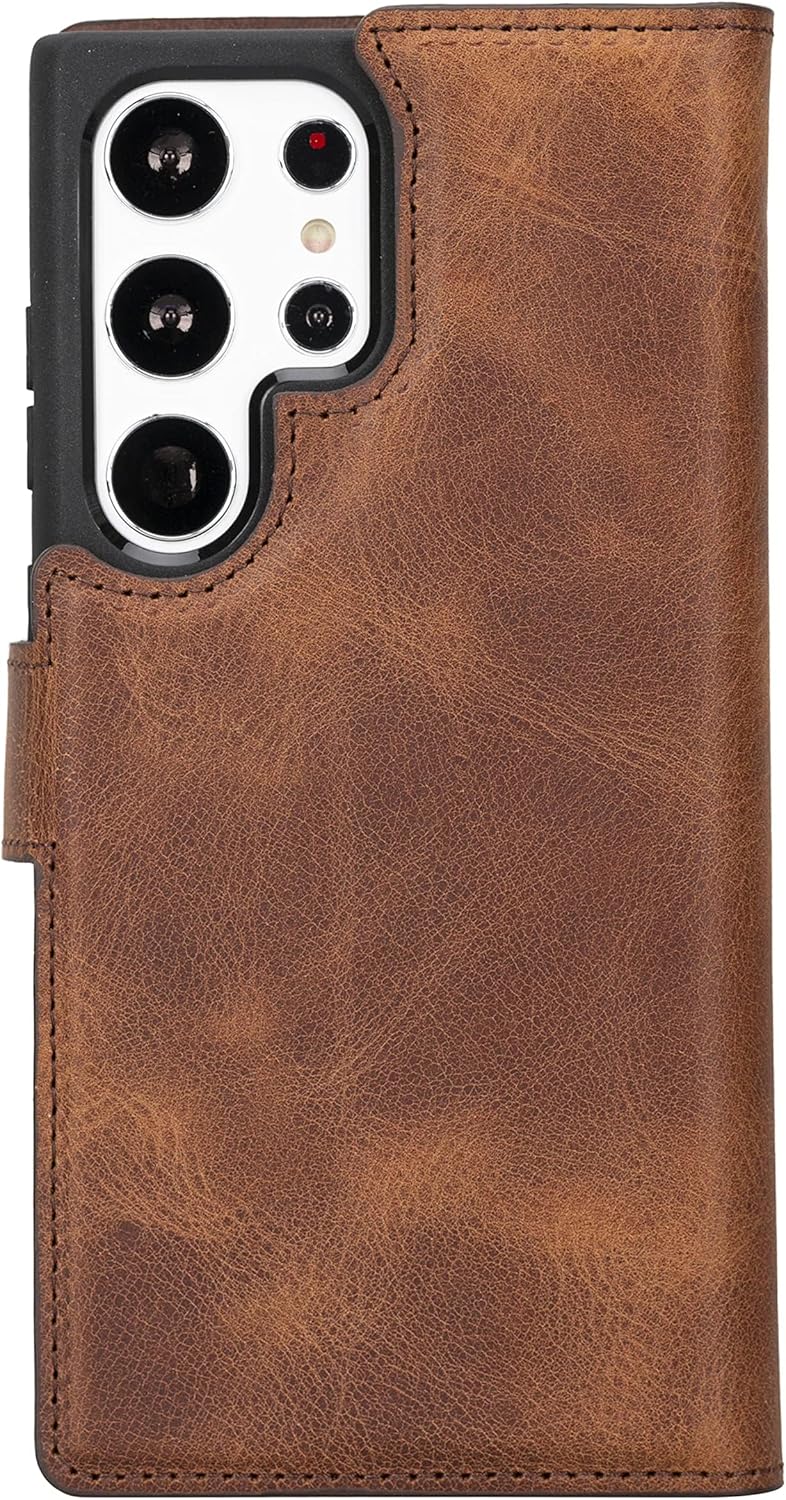 HARDISTON Premium Leather Wallet Case Compatible with Galaxy S24 Ultra - Handmade - Detachable Magnetic Flip Cover with Card Holder & Kickstand (Brown)