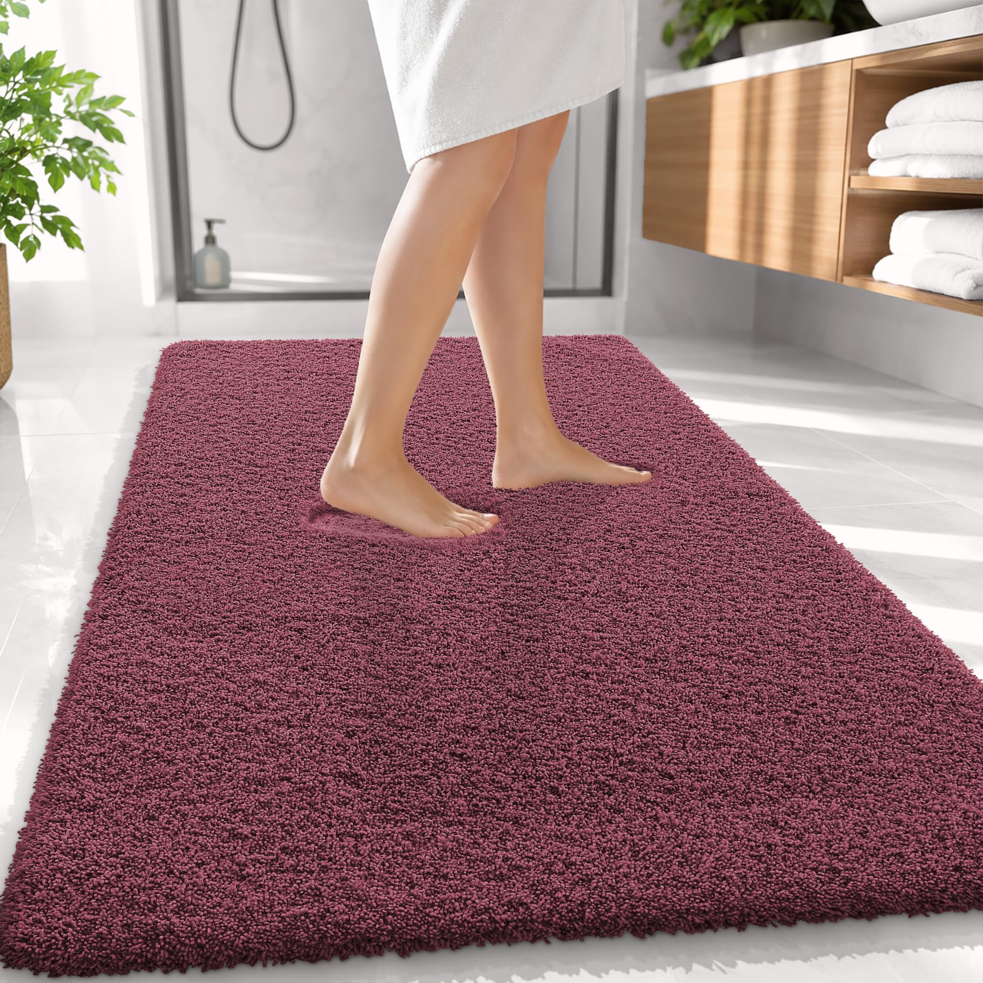 OLANLY Microfiber Large Bathroom Rugs 59x35, Ultra Soft Bath Mat, Burgundy