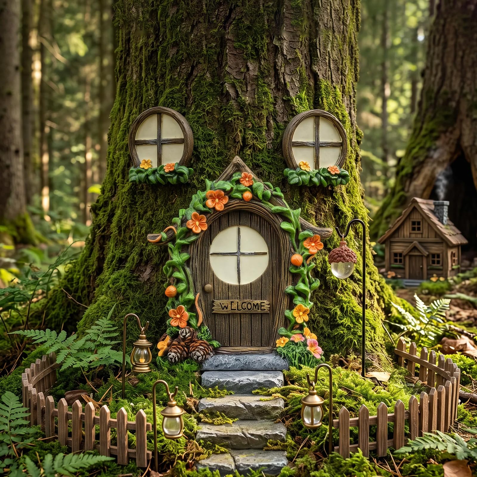 GUIJZSLTRG Set of 4 Fairy Door and Window for Trees, Mini Fairy Garden Glowing in the Dark with Lantern, Creative Garden Miniatures Yard Sculptures and Statues Art Outdoor Decor Accessories