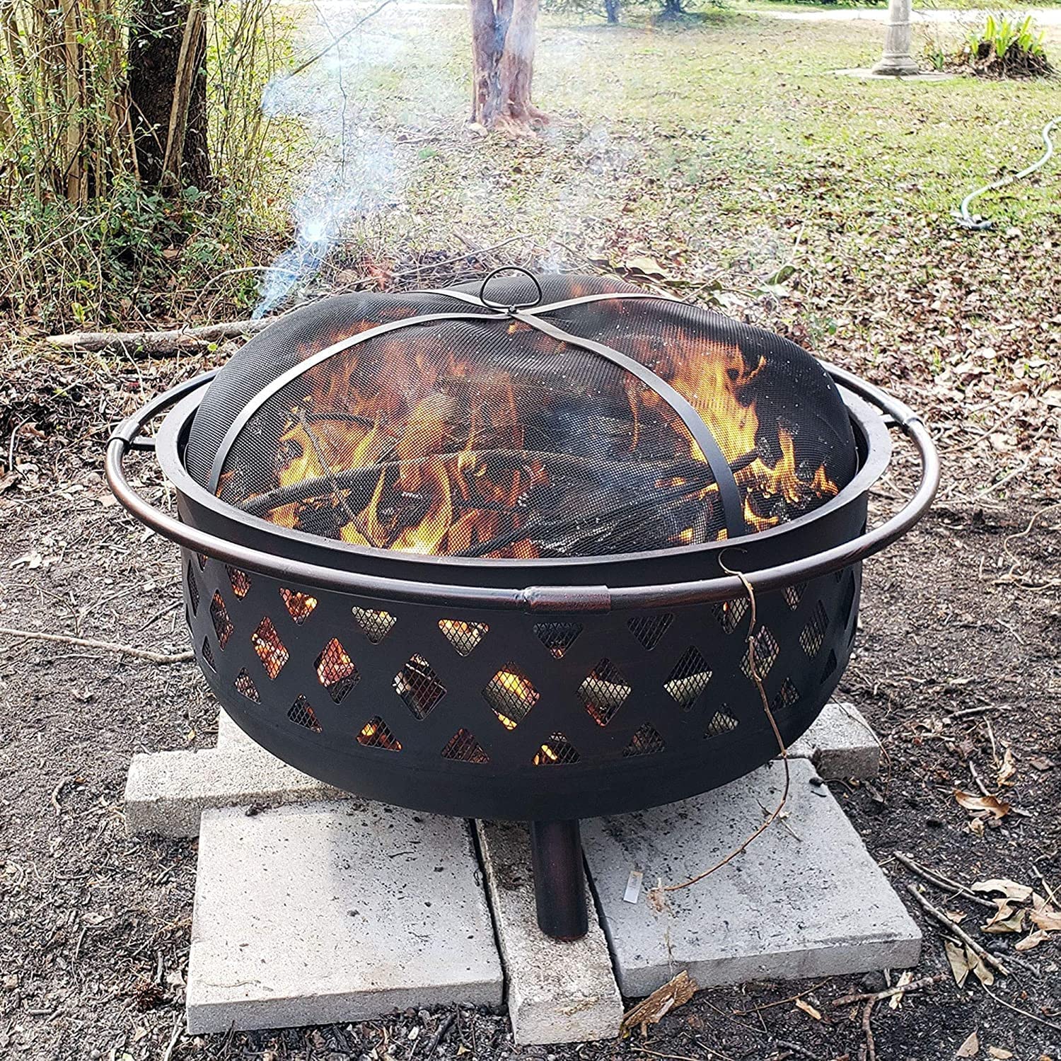 Outdoor Fire Pits,Round Steel Fire Bowl w/Grate Grill,Cover,Stove