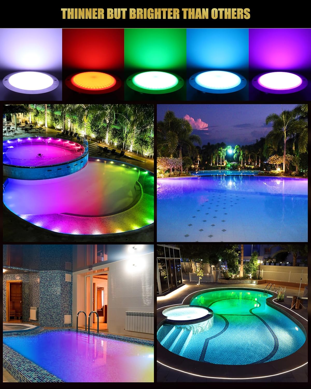 Various pool environments illuminated by Goldlife P11 lights, demonstrating the range of colors and brightness