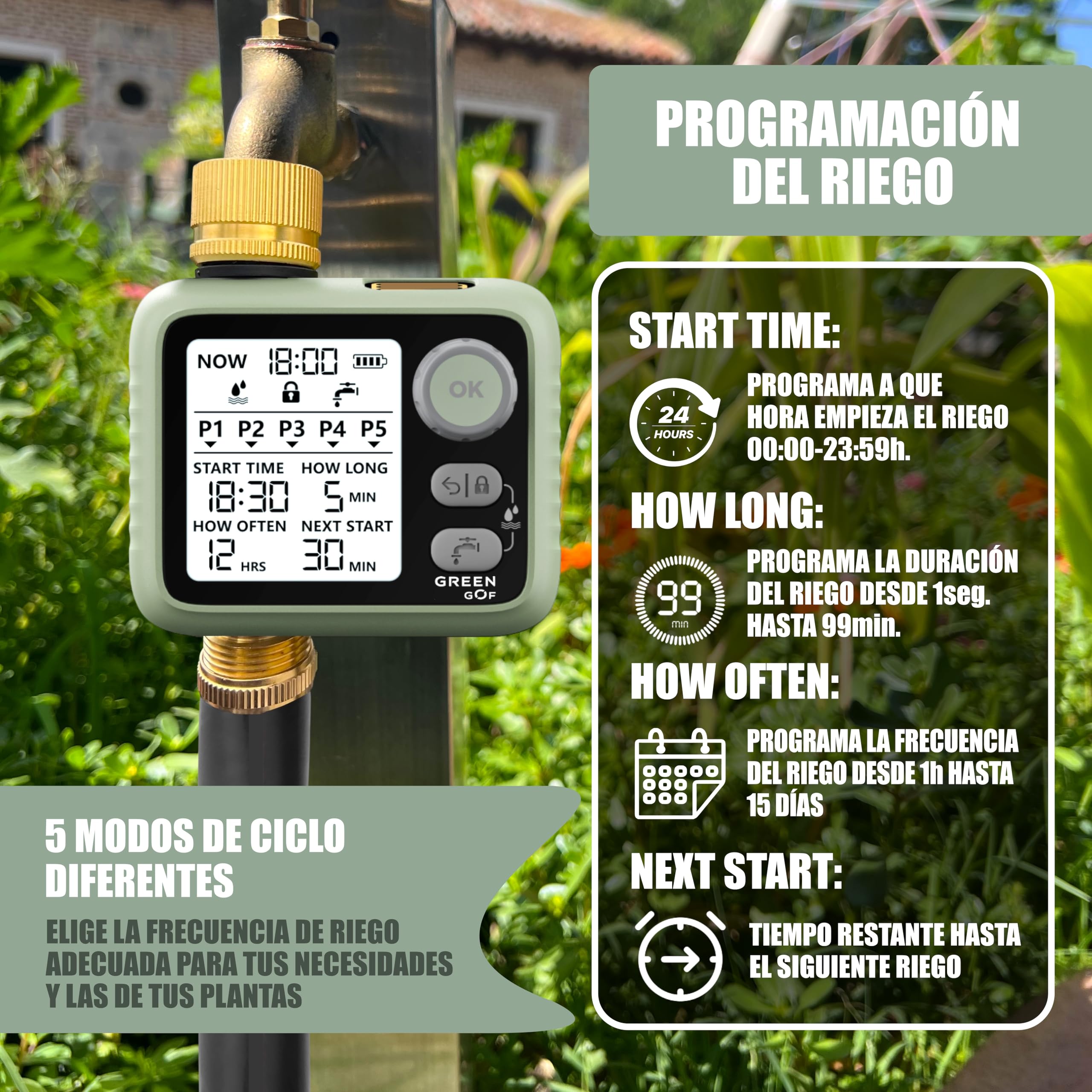 Programador de Riego Premium. Conectores de Latón, Sensor de Lluvia, Pantalla Retroiluminada, Temporizador de Bajo Consumo a Pilas, 5 Programas Independientes, Fácil e Intuitivo.