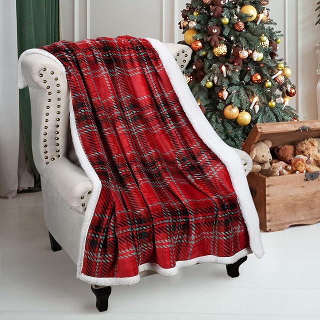 Catalonia Classy Red Buffalo Plaid Christmas Throw TV Sherpa Blanket 150 x 130 cm, Super Soft Warm Comfy Plush Fleece Bedding Couch Cabin Decorative Throw Blanket