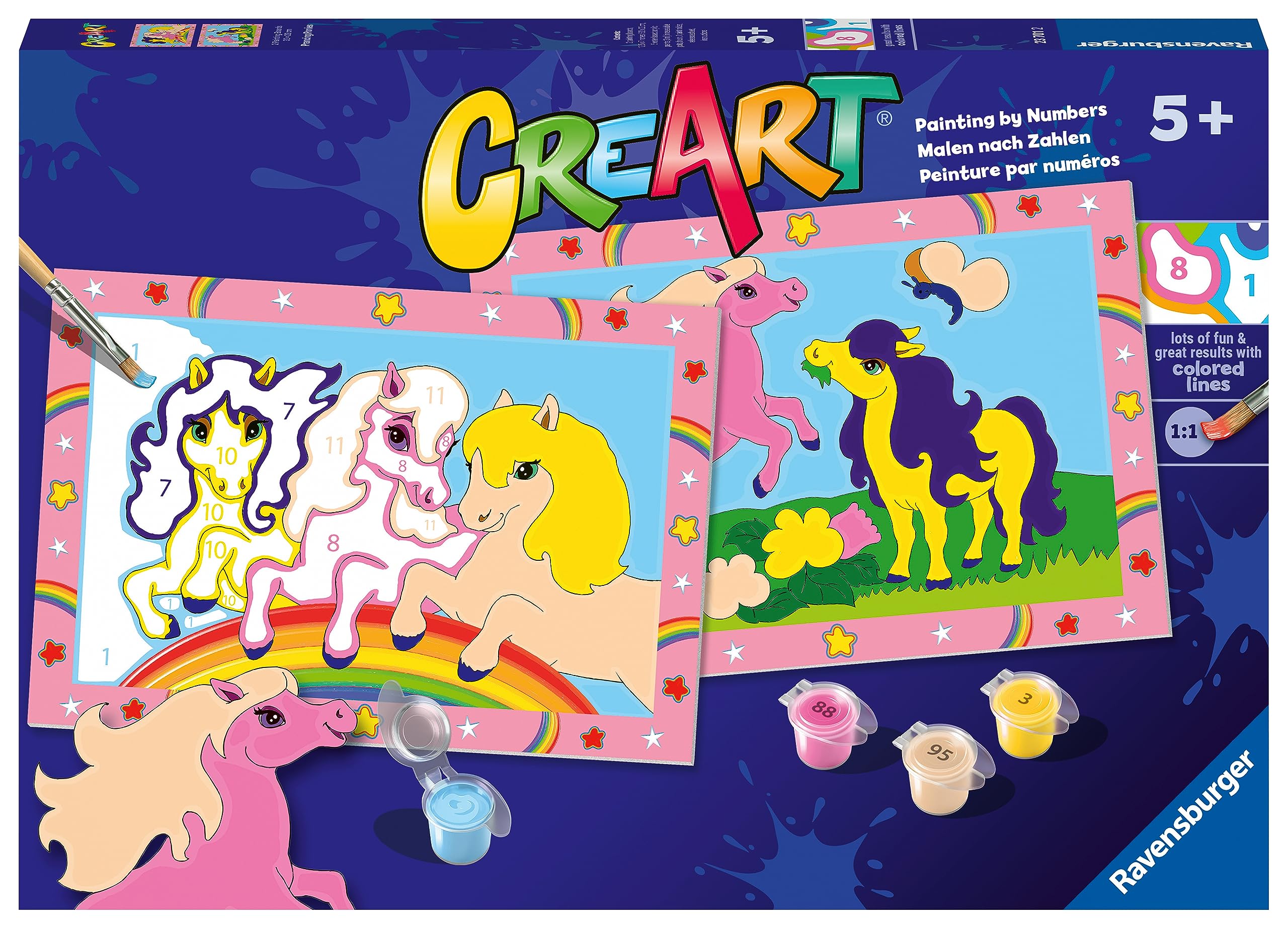 Ravensburger - CreArt Serie Junior: Caballos, Kit para Pintar por Números, Contiene dos Tablas Preimpresas, un Pincel, Colores, Juego Creativo para Niños y Niñas 5+ Años
