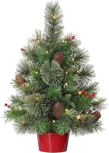 Vista 14 de Puleo International Árbol de Navidad artificial preiluminado de 2 pies con 35 luces en maceta de metal, color verde