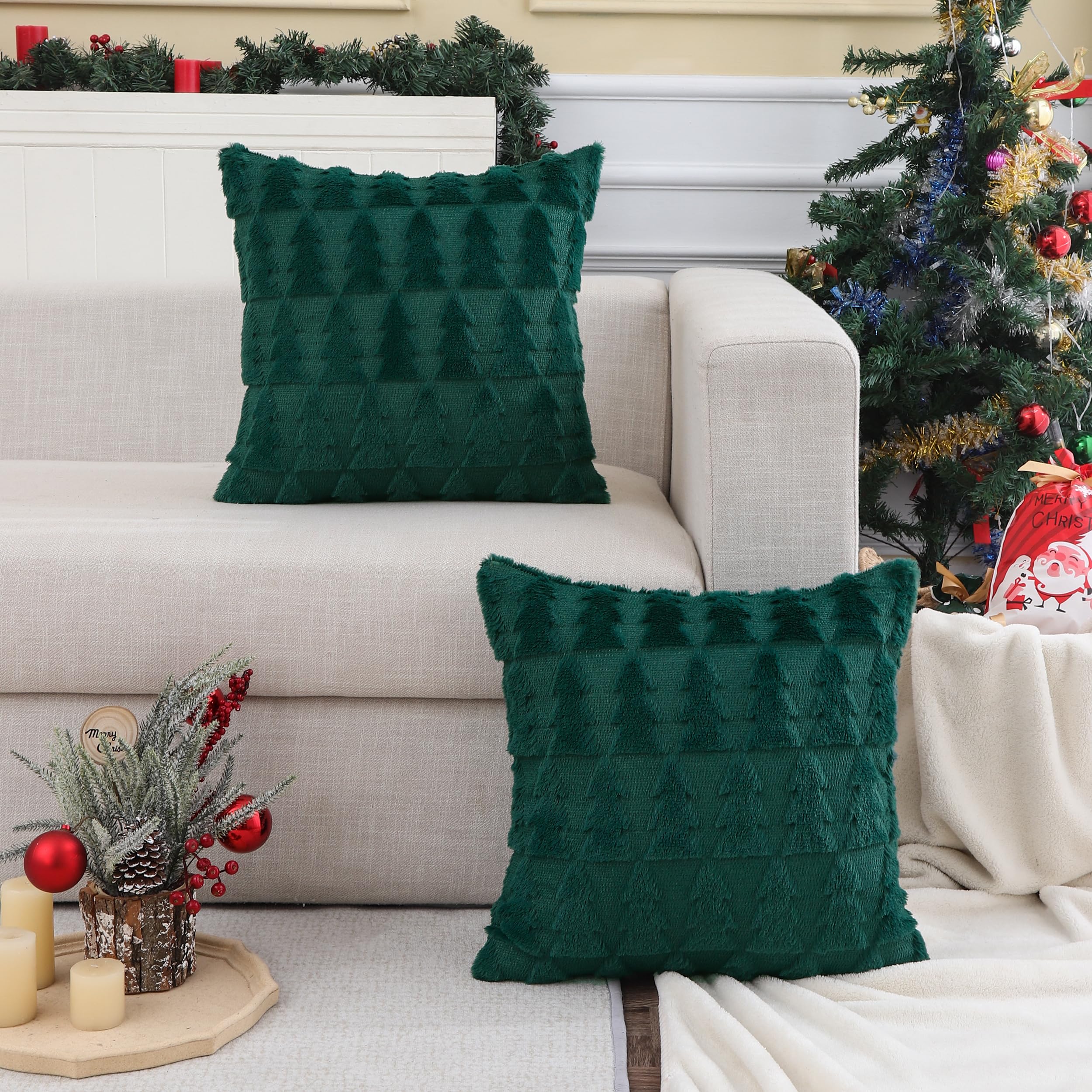 Tosleo Set of 2 Christmas Green Throw Pillow Cover 16 x 16 inch Multiple Christmas Tree Pillow case Soft Fur Fuzzy Cute Decor Xmas Pillowcase for Winter Holiday Cushion Case Sofa Bed Room - Image 2