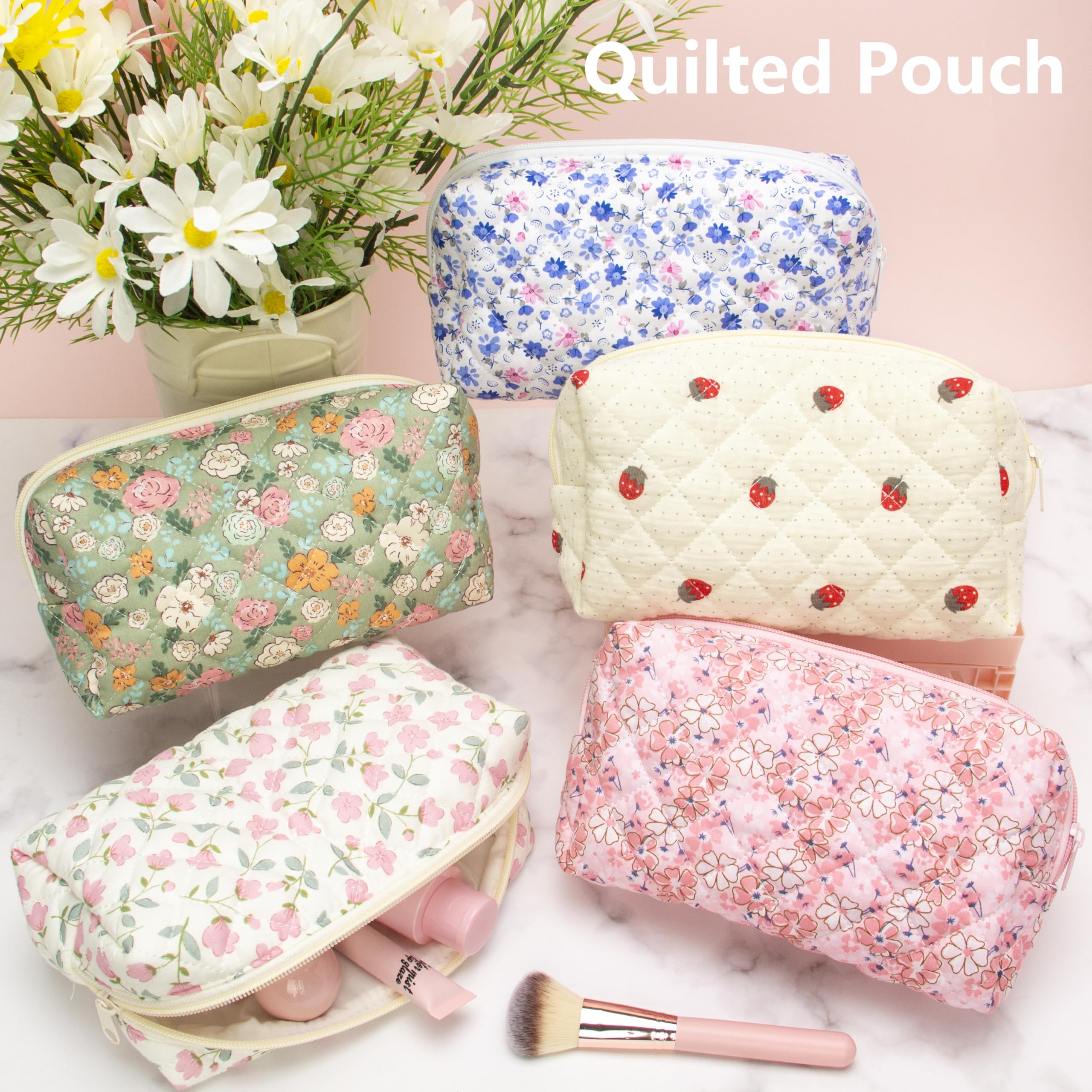 PAZIMIIK Gesteppte Make-up-Tasche im Vintage-Stil, Kosmetiktasche für Pinsel, Bleistifte und Reise-Make-Up-Zubehör für Damen und Mädchen, Blume weiß, 6PCS, Vintage