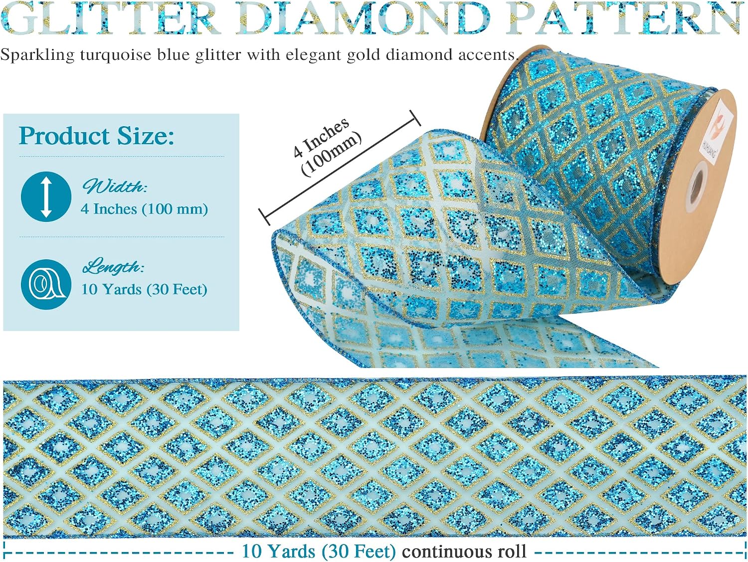 HUIHUANG Christmas Turquoise and Gold Glitter Diamond Ribbon 4" x 10 Yds image 2