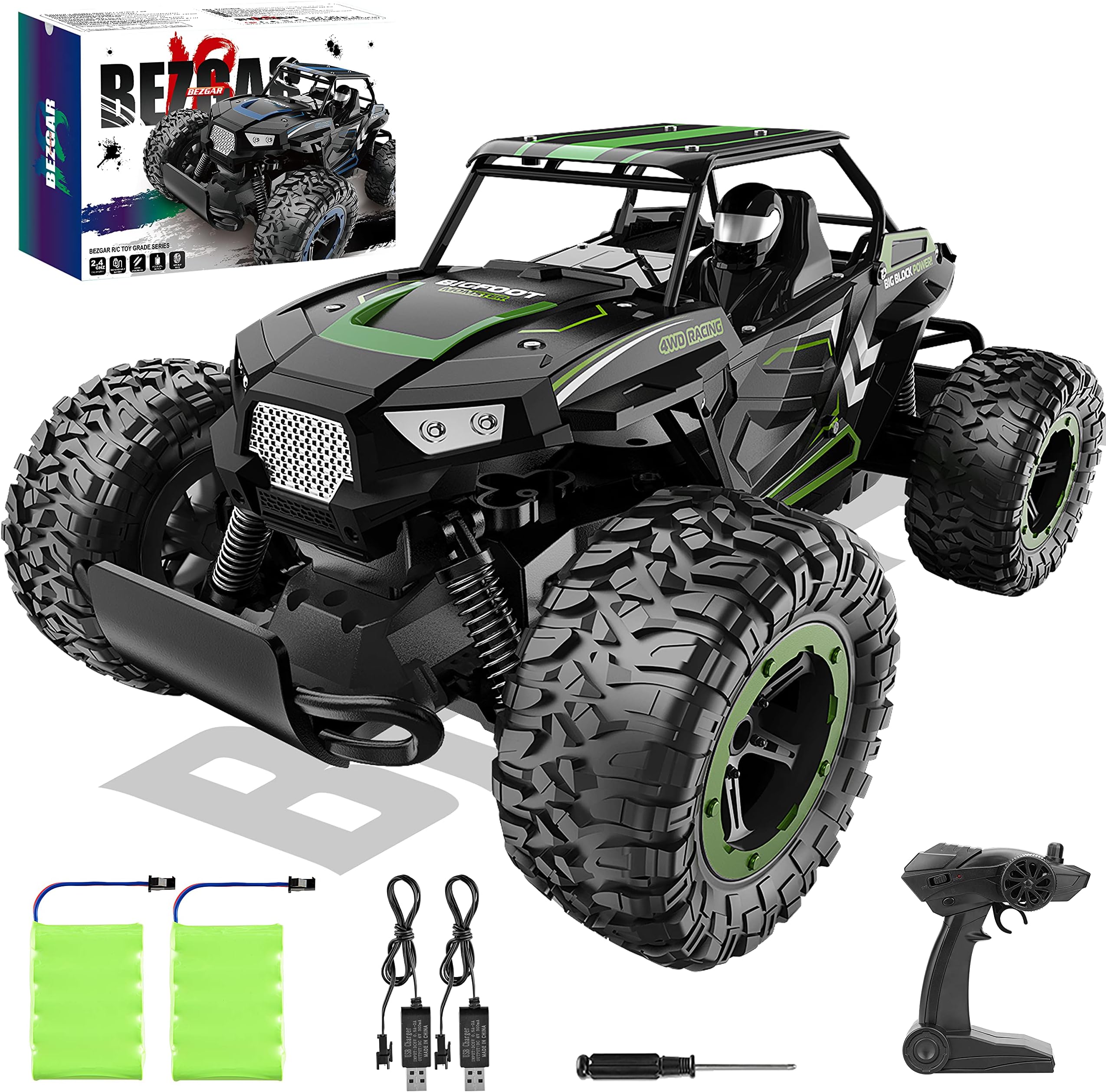 BEZGAR TB142 Remote Control Car - 1:14 Scale RC Cars, 20 Km/h 2WD All-Terrains Electric Off-Road Vehicle Truck Crawler Toy with Two Rechargeable Batteries for Boys Kids and Adults