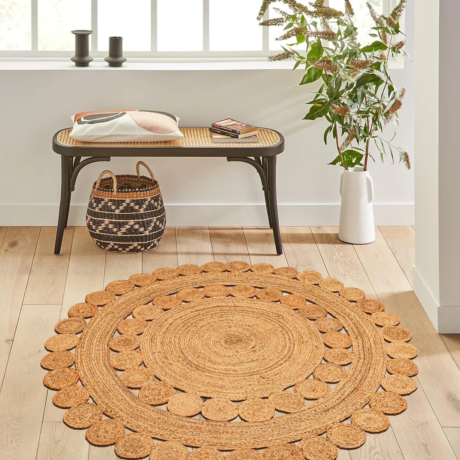 Hand Woven Braided Jute Rug - 4' Round - Reversible Farmhouse Dining Room Rug, Living Room, Bedroom, Kitchen - Natural Decorative Floor Circle Boho Entry Area Rugs - 4 Foot Round Rug