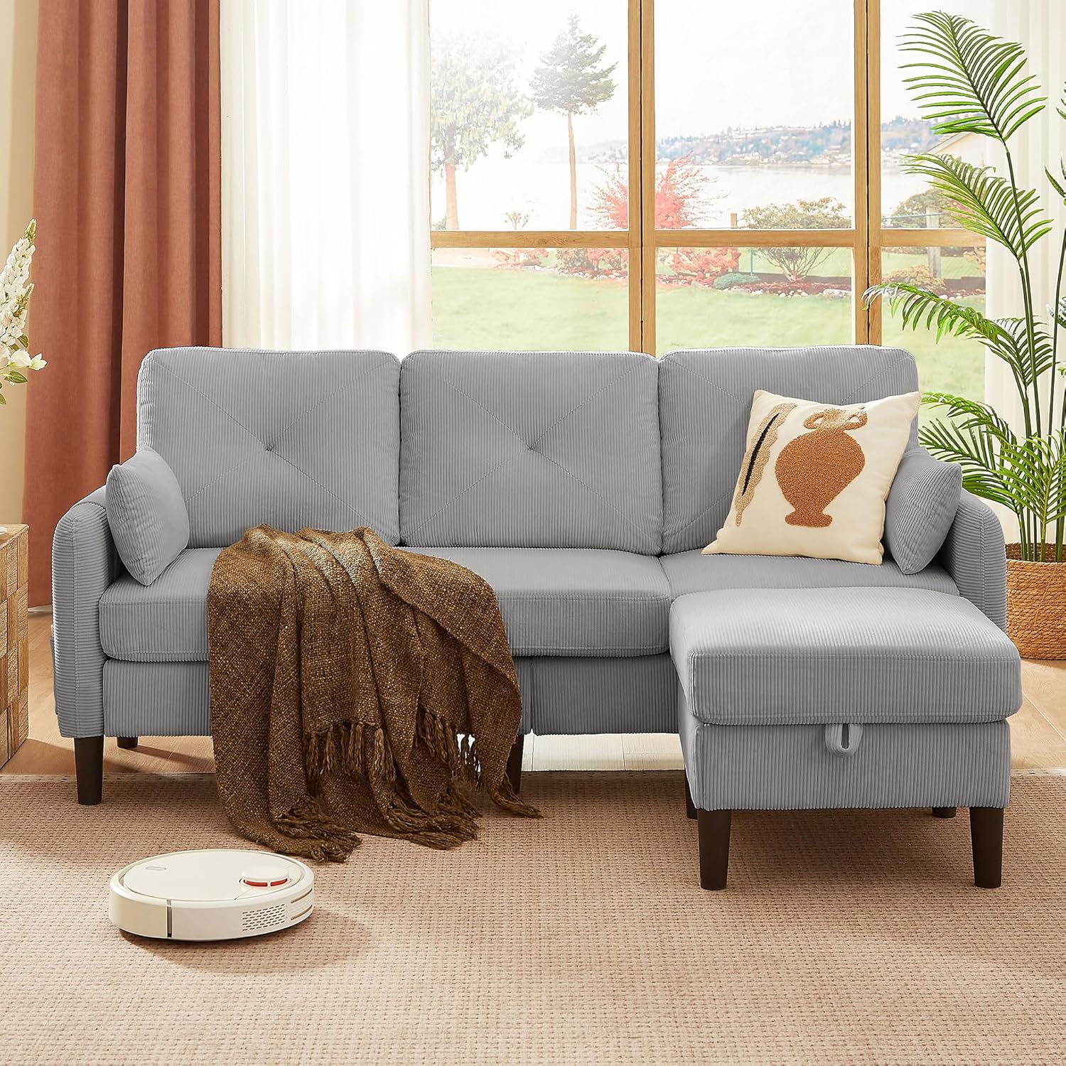 77.17″ Corduroy L Shaped Sectional Sofa with Storage Ottoman