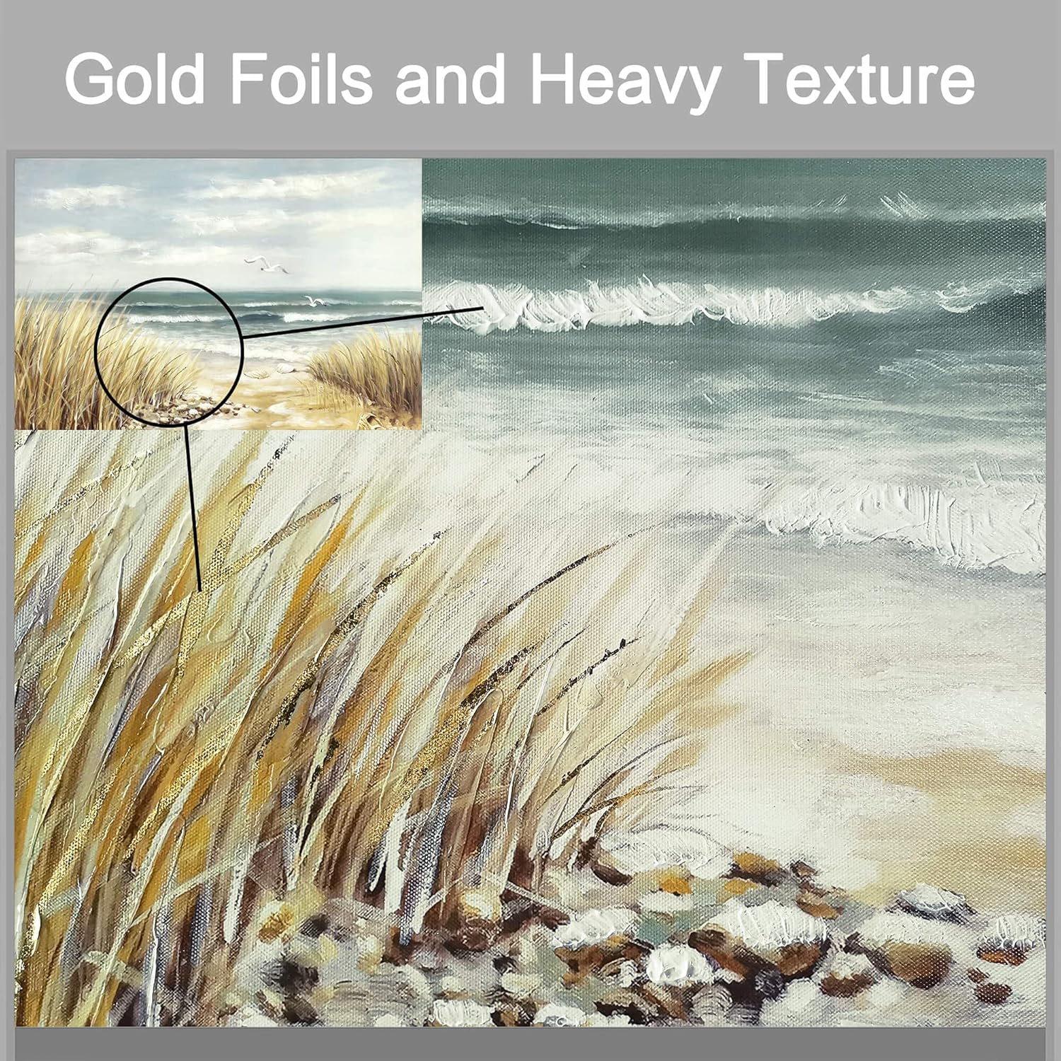 Abstract Beach Painting Wall Art: Seashore Artwork Hand Painted Coastal Picture on Canvas for Living Room (36''W x 24''H,Multi-Sized)