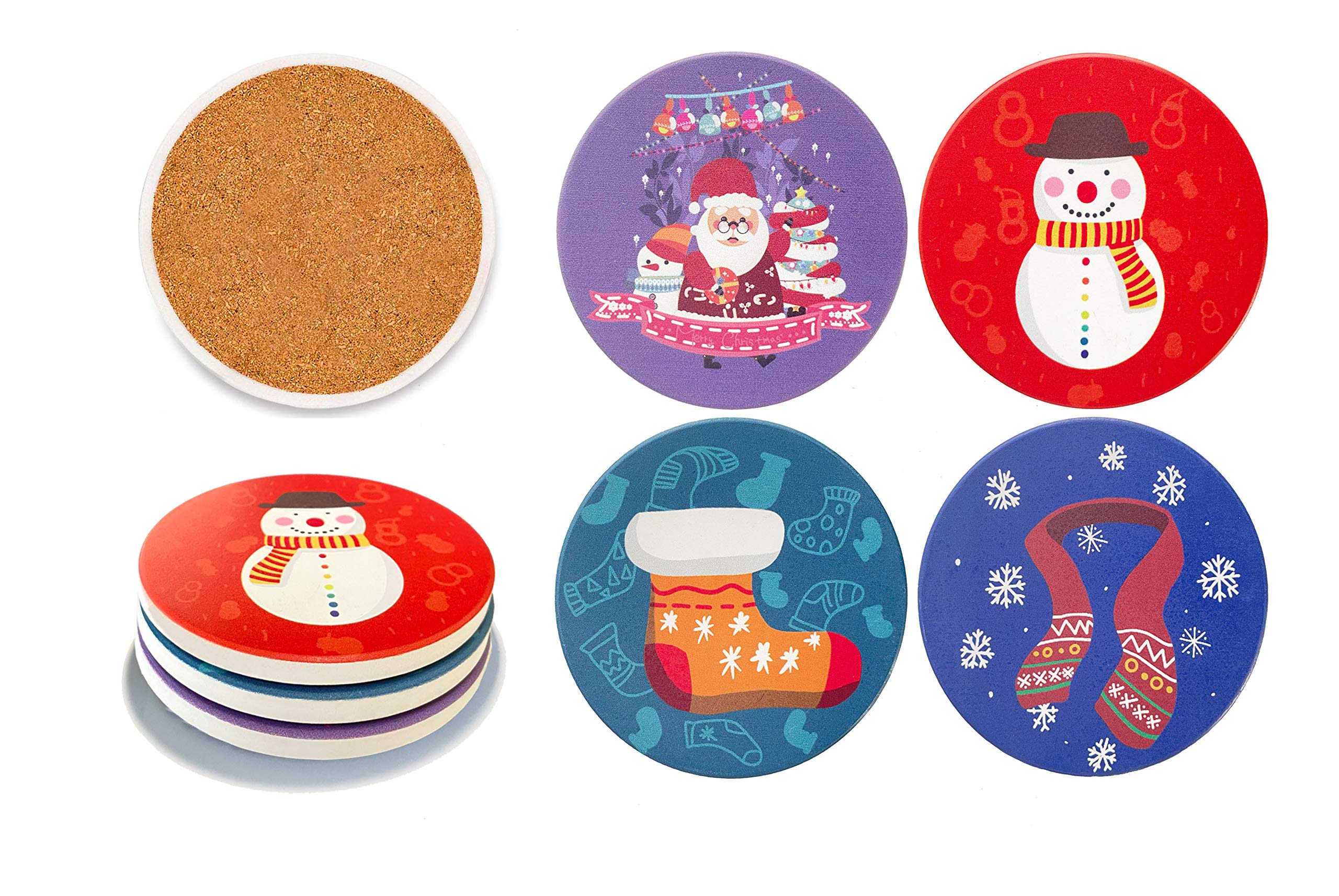 NABTON Christmas Absorbent Ceramic Coasters for Drink with Cork Back, Prevent Furniture from Spills and Scratches, used for Cup Mug Coffee Glass, Set of 4