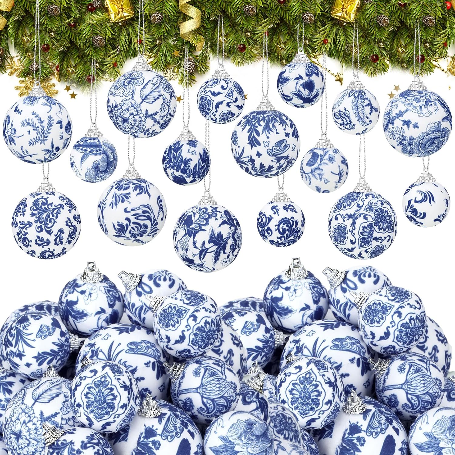 Liliful 32 Pcs White and Blue Christmas Chinoiserie Ornaments Ball Fabric Wrapped Hanging Christmas Ball Decorative Tree Ornaments for Xmas Party Supplies (1.57inch,2.36 Inch) 32 2.36 Inch