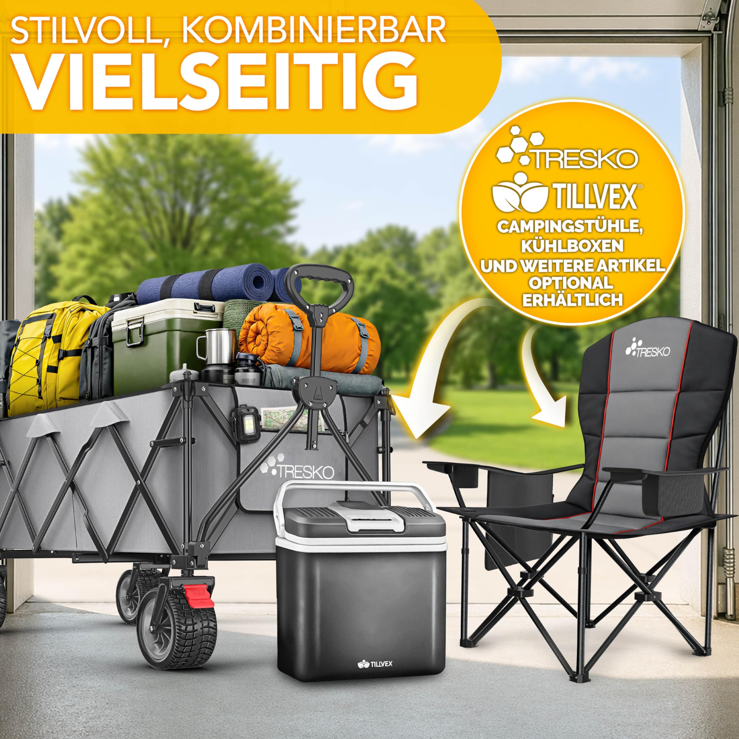 TRESKO® Bollerwagen faltbar 300L mit Bremse | Handwagen klappbar 150kg inkl. Vollgummireifen | Faltbarer Strandwagen Extra Breite All-Terrain-Räder | Transportwagen mit Tragetasche (Grau)