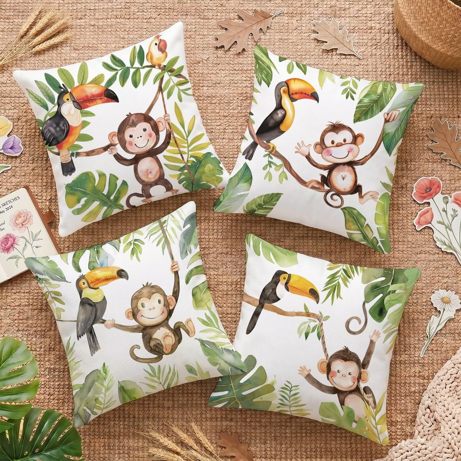 Housses de coussin 65x65cm velours lot de 4 motifs singe oiseau imperméables
