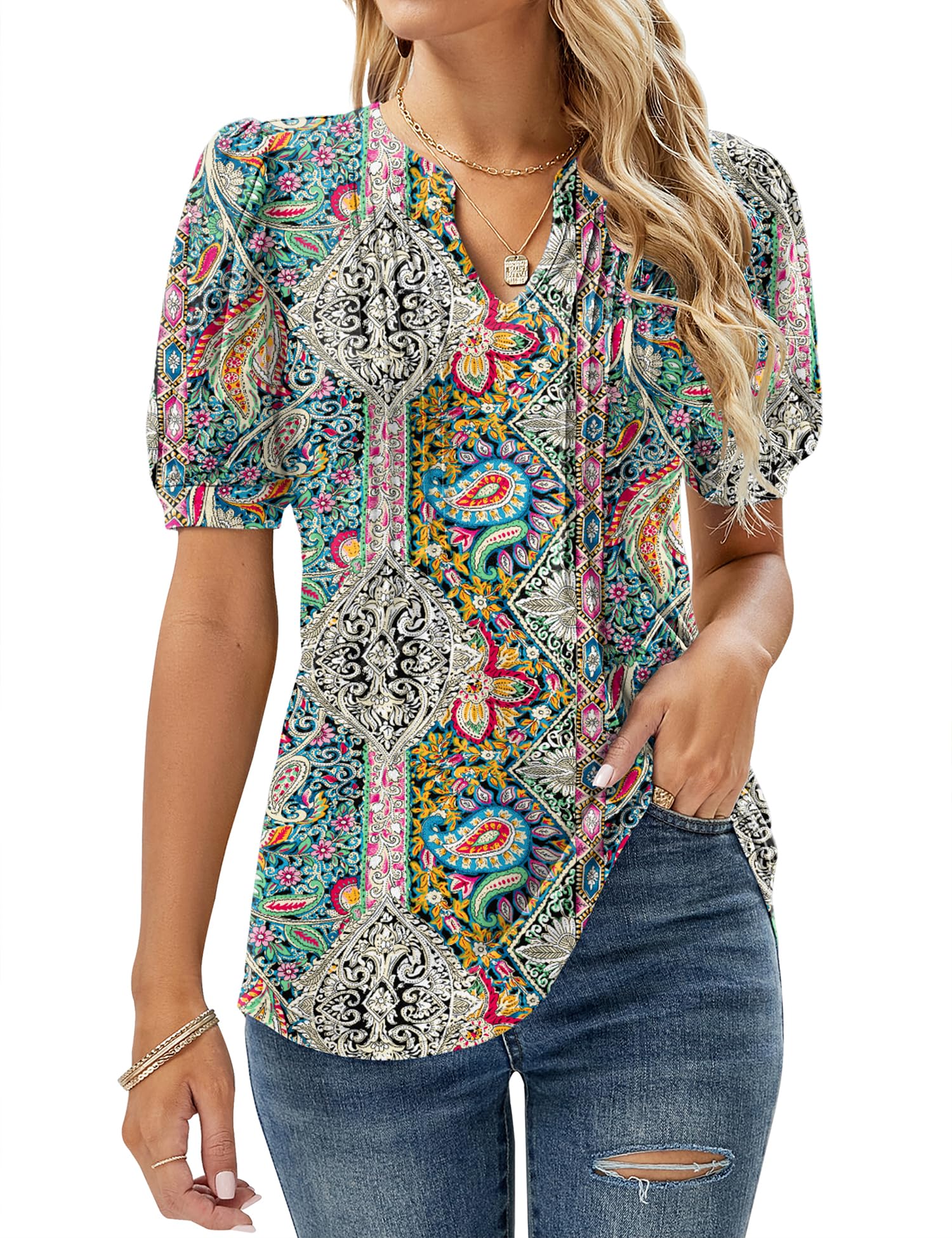 Womens V Neck Tops Puff Short Sleeve T-Shirt Pleated Floral Printed Tunic Blouse Shirts — view 41