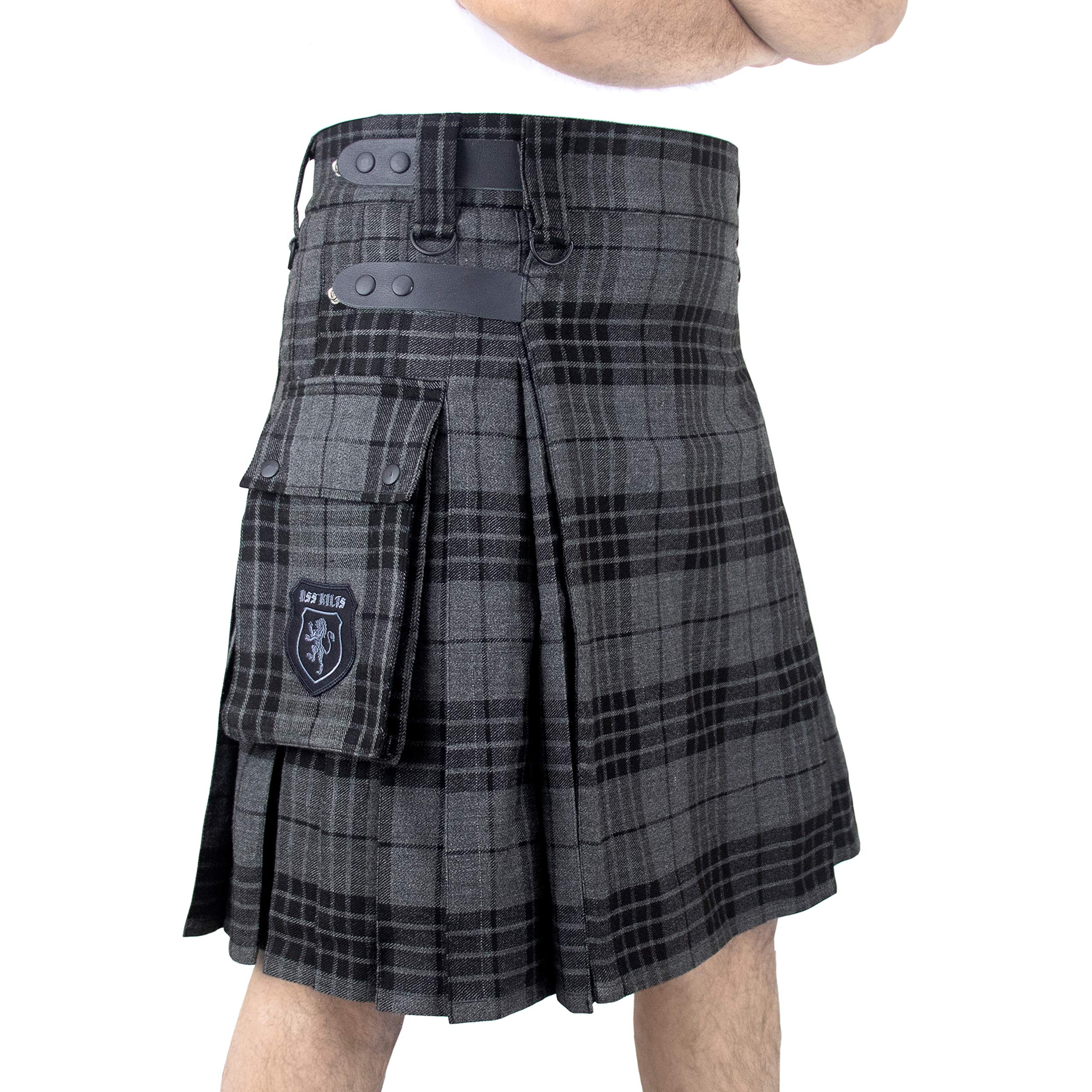 Dss Kilts Men's Grey Watch Tartan - Tartan Utility Kilts For 13Oz Tartan Kilt With Leather Straps And Large Cargo Pockets, 40 Regular