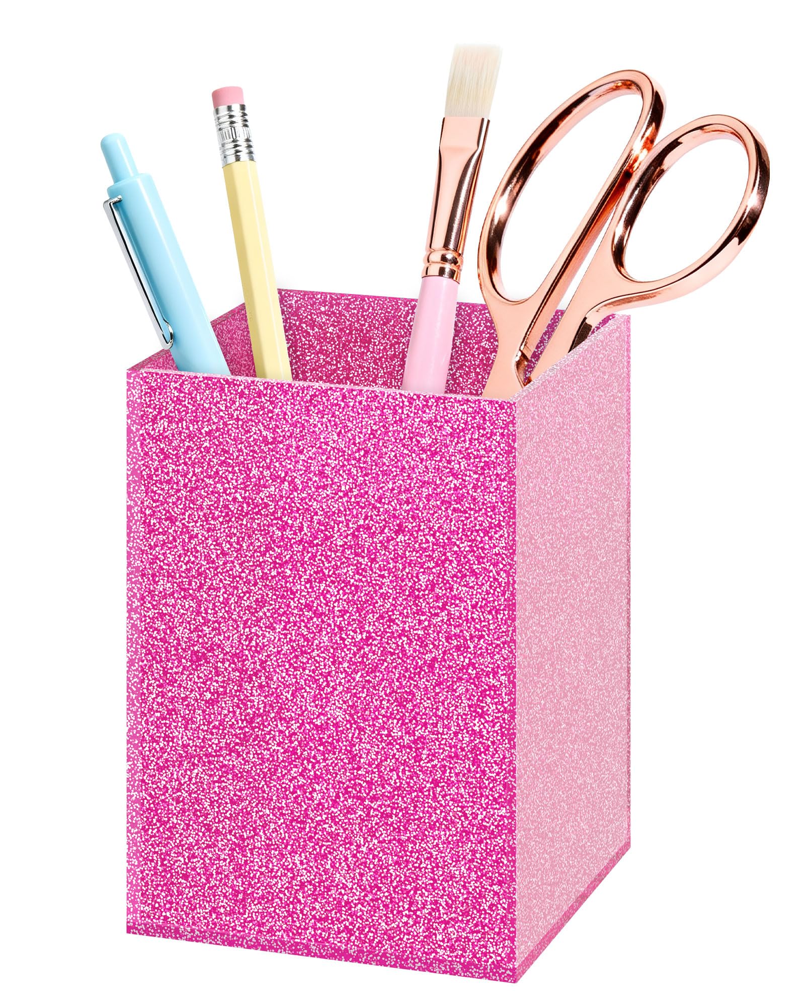 Luminzo Acrylic Pen Holder Desk Organizer for Office, Rose Pink Glitter