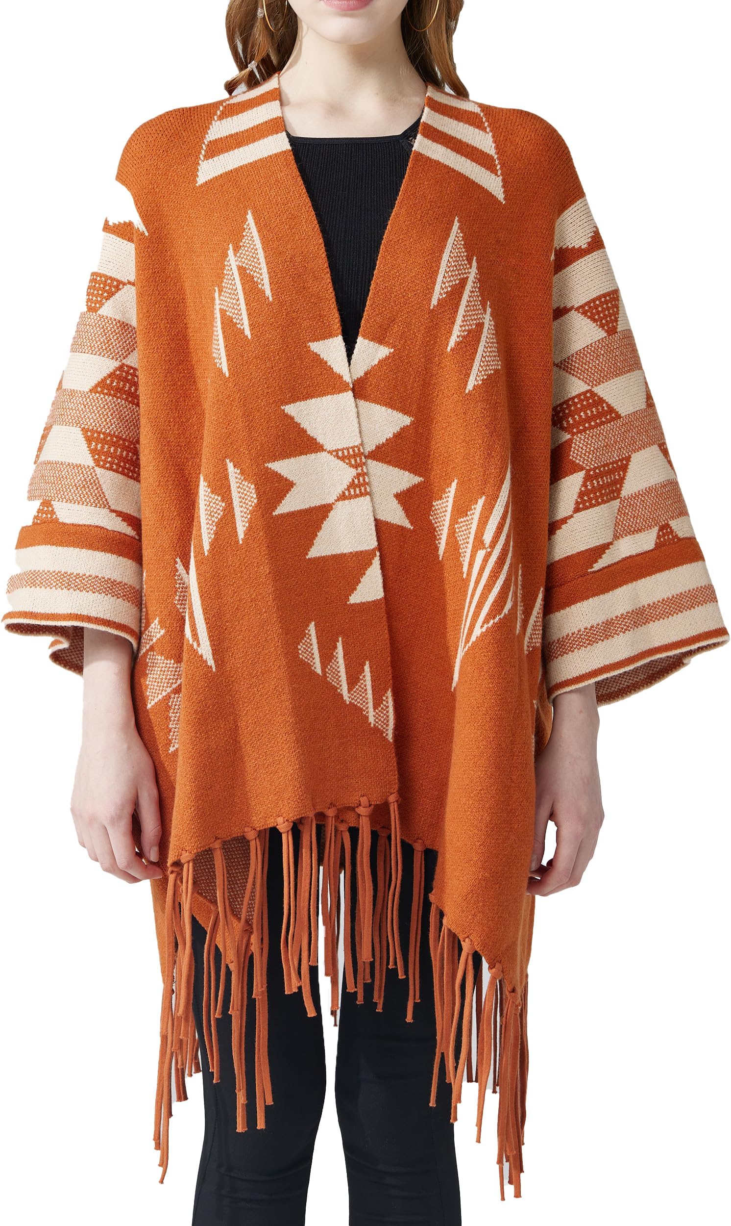 Women's Boho Open Front Fringe Poncho Shawl Sweater Cardigan Long