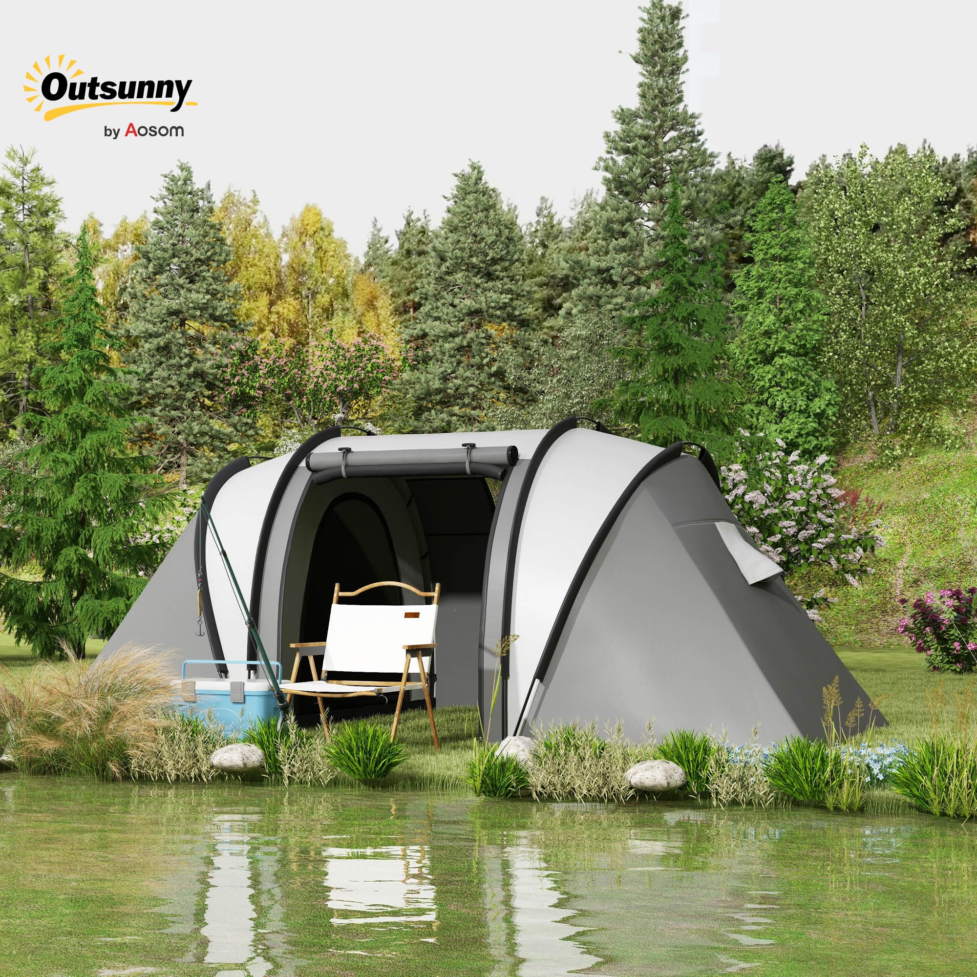Outsunny Campingzelt für 4-5 Personen leicht wasserabweisend Familienzelt mit 2 Zimmer Seitentür Fenster, Zelt mit 3000mm Wassersäule Tunnelzelt Kuppelzelt für Camping Reise Garten