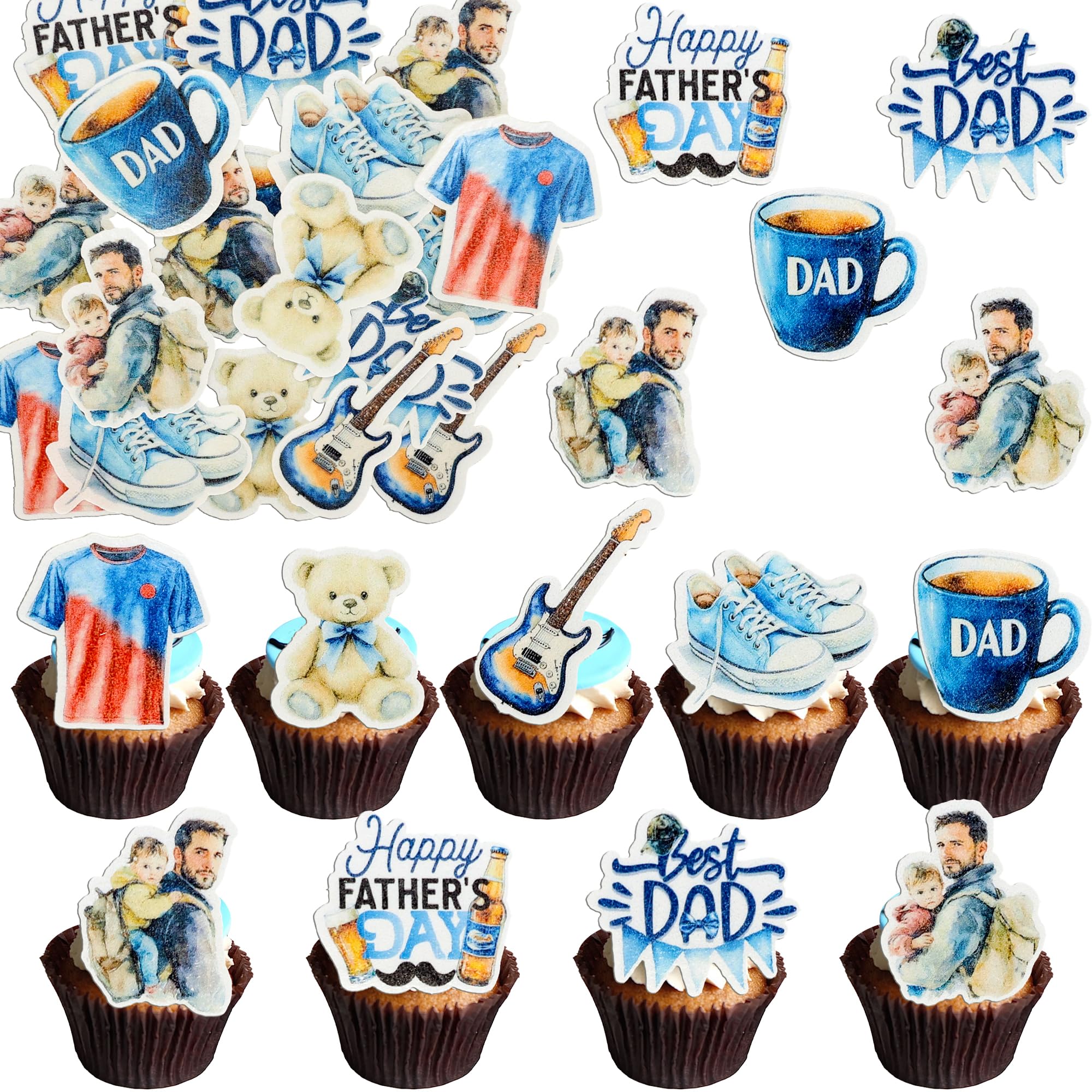 Gyufise 54Pcs Edible Happy Father's Day Cupcake Toppers Wafer Paper Guitar Love Dad Cake Toppers Edible Best Dad Ever Cupcake Picks for Father Day