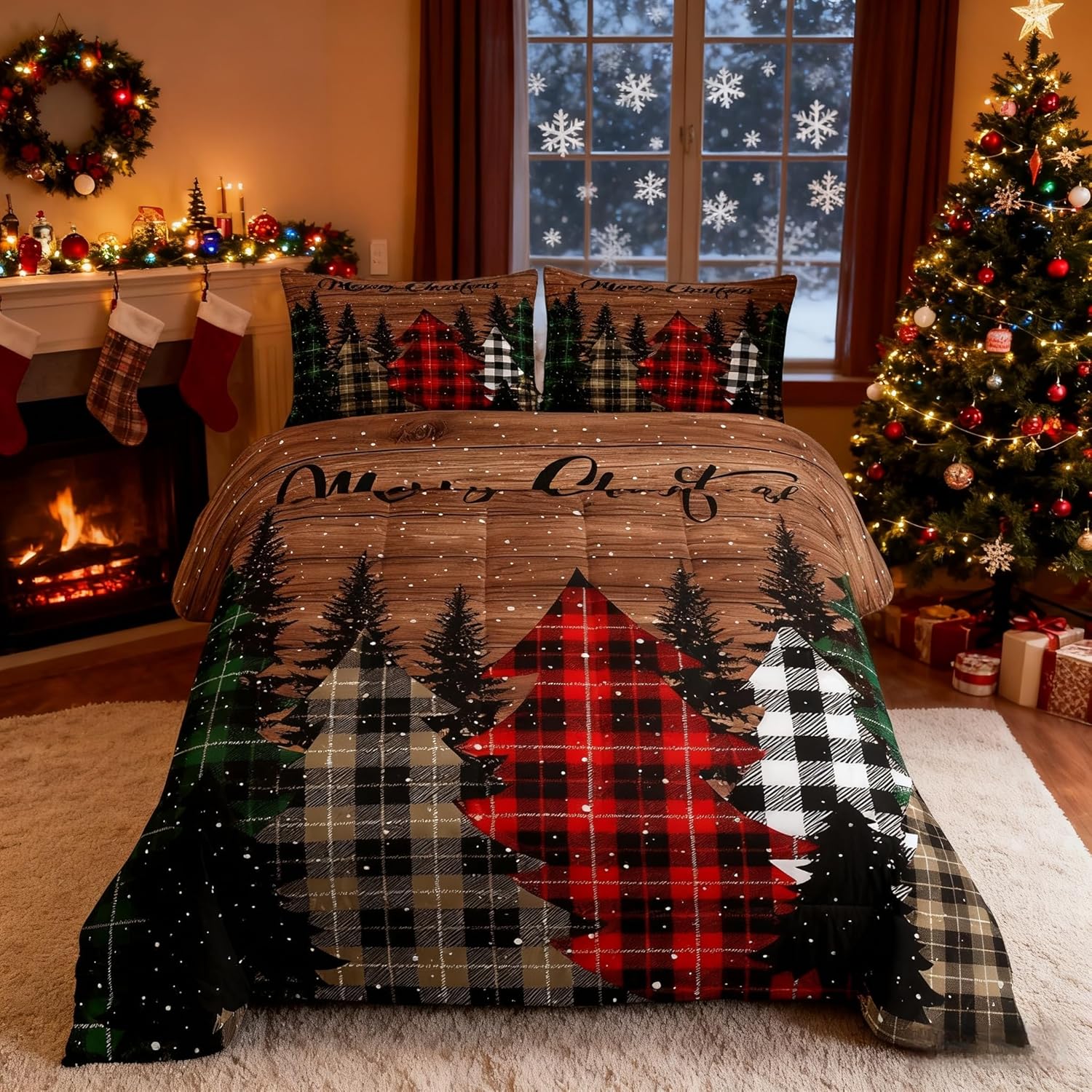 Kids Merry Christmas Comforter Set Queen Size,Geometric Grid Pine Snowflake Bedding Set,Girls Boys Adults Bedroom/Xmas Decor,Brown Plank Down Comforter,Rustic Vintage Duvet Insert,3pcs,2 Pillowcases