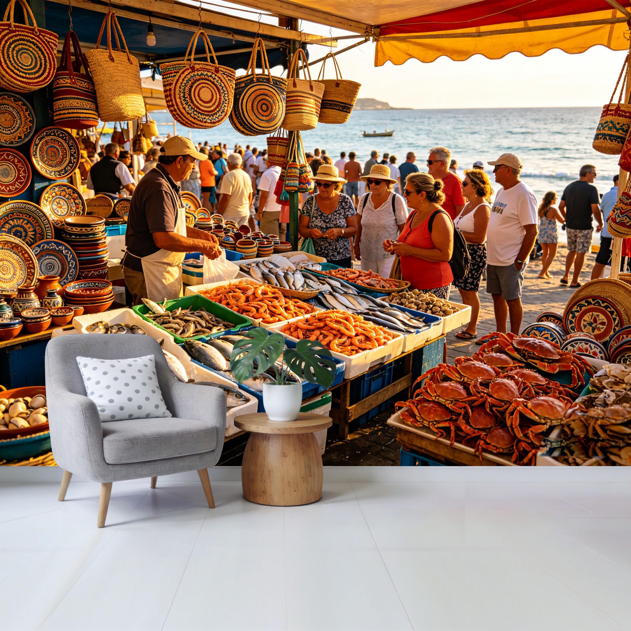 Qzlithotic Yq2605250222 Custom Size Wall Mural Mediterranean Coastal Fish Market Fresh Seafood Ocean View Selfadhesive Wall Fabric Removable Wallpaper For Home Office Decor