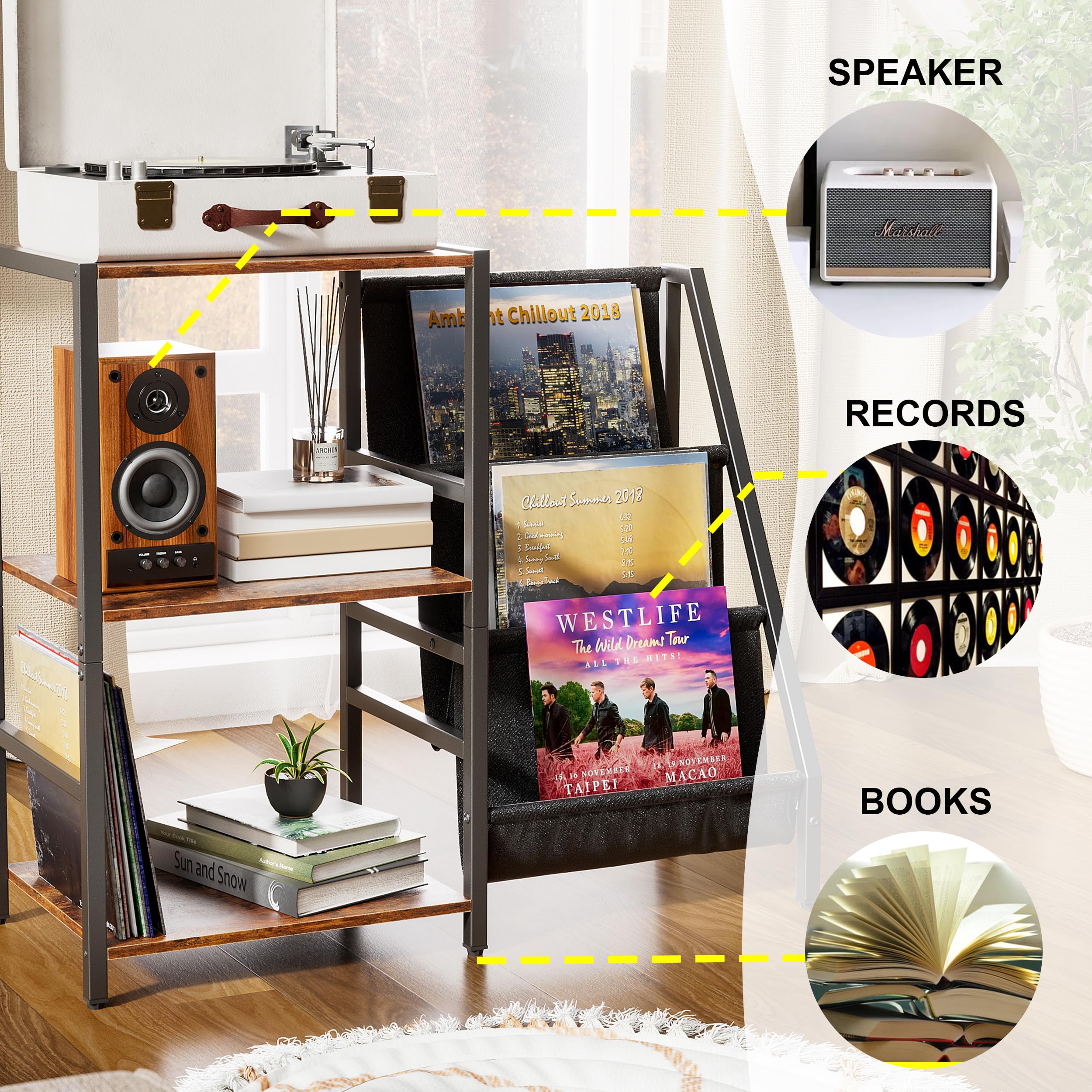 MSFE Mobile porta Vinili,Giradischi Vinili Stand Tavolino con Archiviazione Record in Vinile a 3 Livelli,Espositore per Dischi in Vinile Fino a 200 Album,Gabinetto Supporto da Record in Vinile