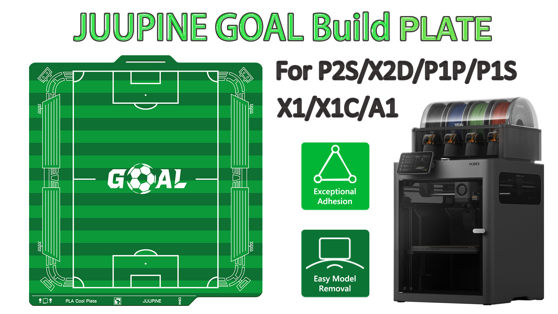 Image of JUUPINE Goal Build Plate for Bambu Lab P2S /X2D /X1 /X1C /A1 /P1P /P1S PLA Cool Plate 256x256mm,Room Temp Printing Save time&Energy for Bambu Lab Build Plate with QR Code Scratch-Resistant Easy to Maintain