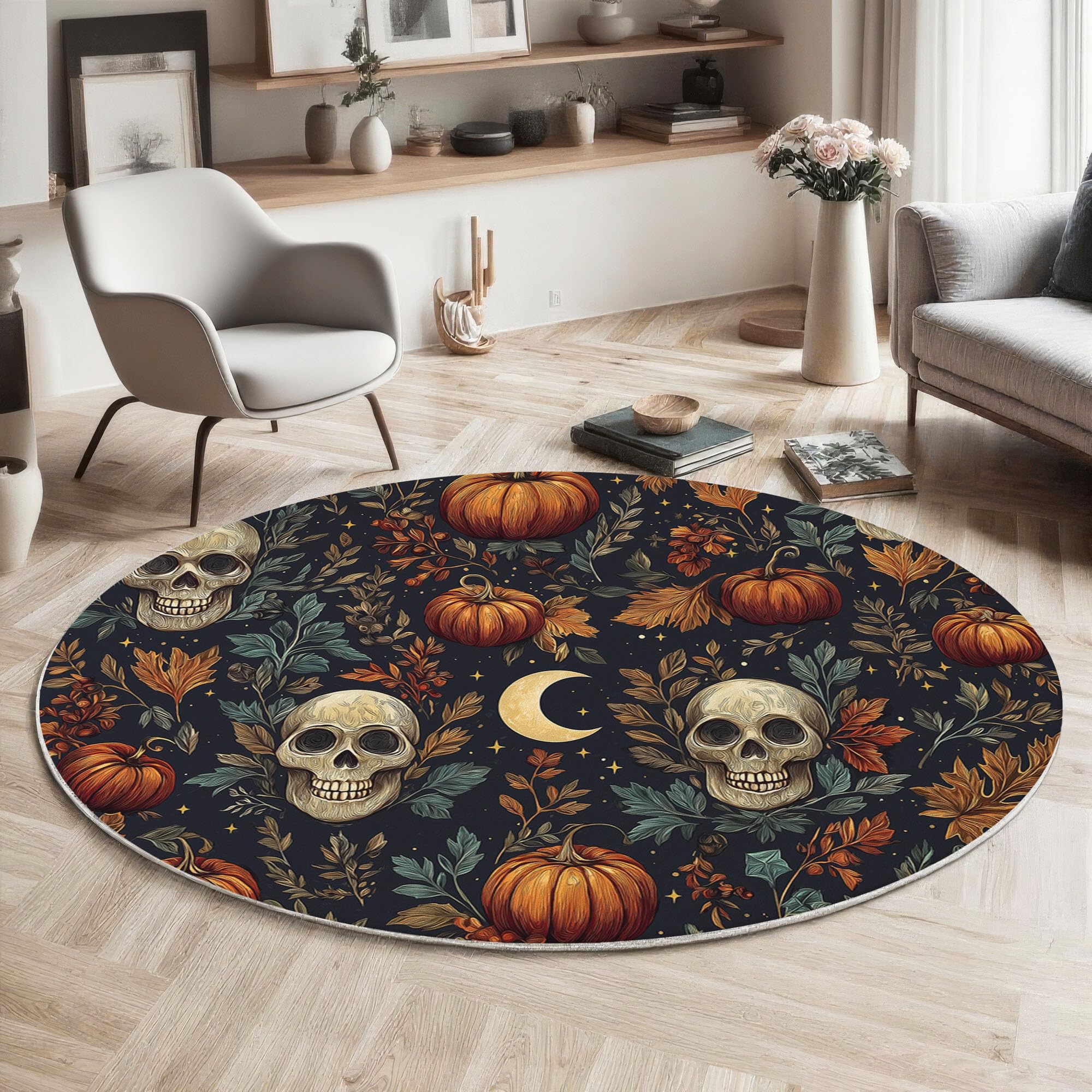 Tapis rond de salon orange lavable en machine pour éviter les taches et glissades