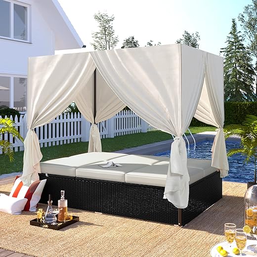 LUMISOL Outdoor Canopy Bed Patio Daybed Sunbed with Retractable Canopy, Rattan Sun Lounger Patio Loveseat Sofa Set with Curtains