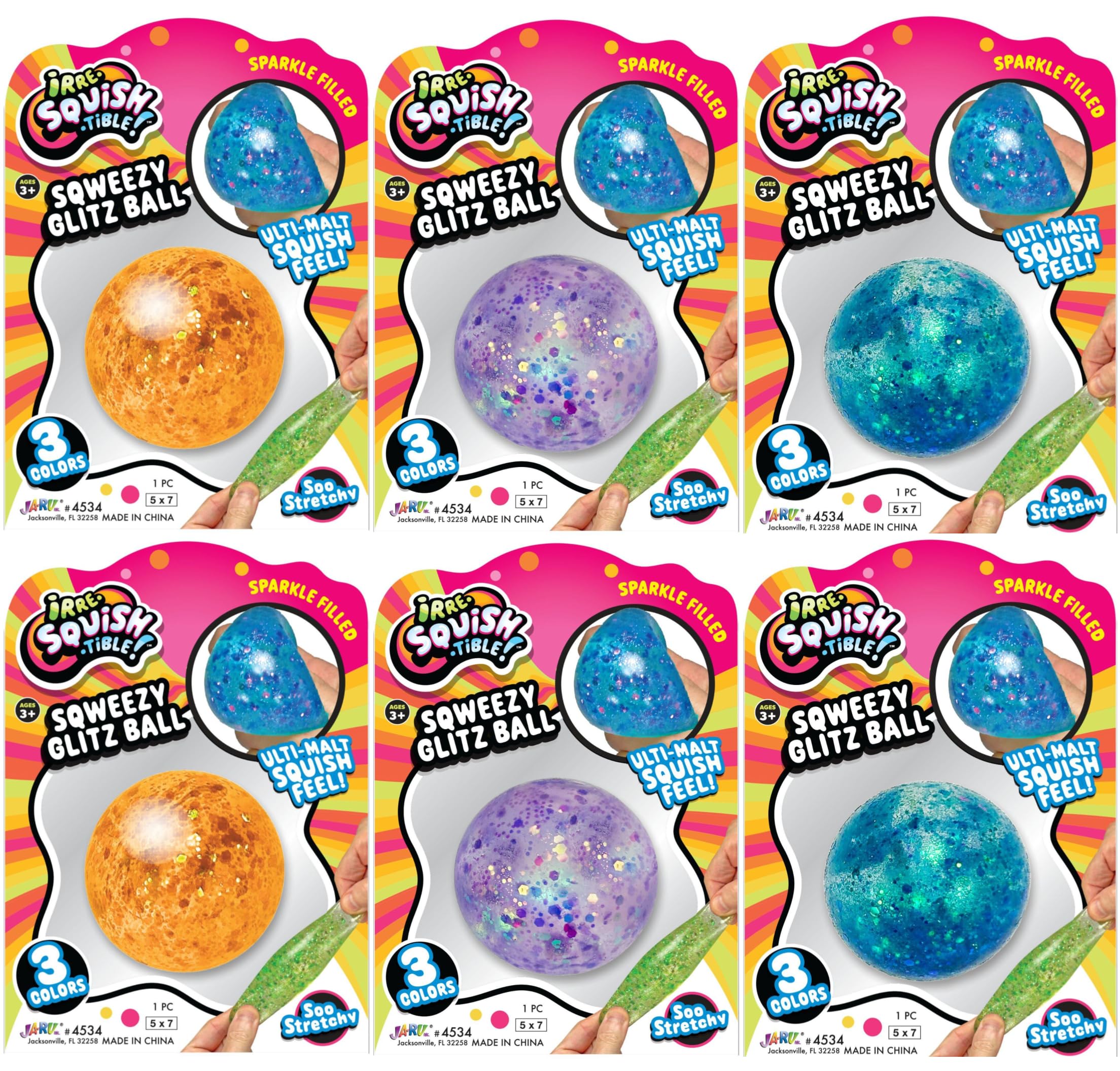 JA-RU Sqweezy Glitz Ball (6 Balls Assorted) Sparkle Filled 4534-Glitz-6