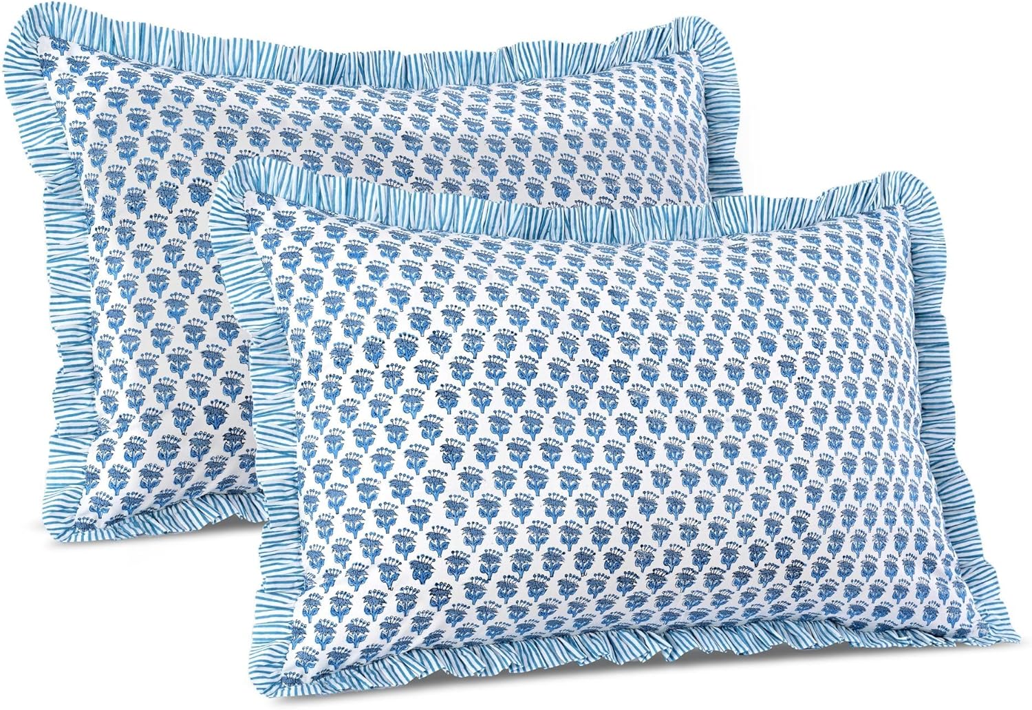 CPC Apatite Blue 100% Cotton Block Print Ruffle Sham Cover 20X30 inch Pack of 2, Handmade Boho Floral Pillowcase, Soft Decorative Lumar Cushion Cover for Bedroom Décor