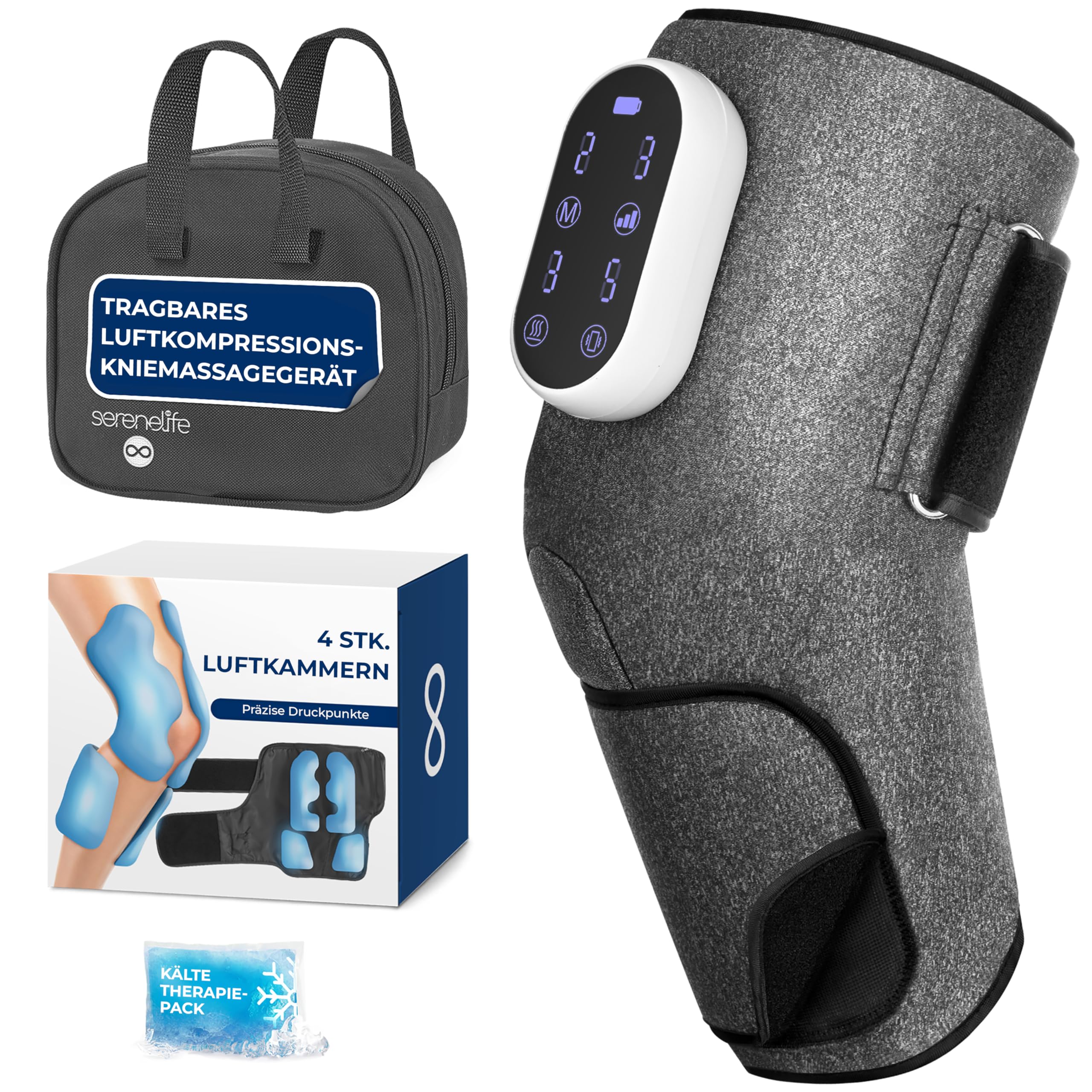 SereneLife Knie-Massagegerät – Kabellos, 3 Wärmestufen, Luftkompression, 4 Massage-Modi, Kühlpack & Tasche, Für Arthritis, Schwellungen, Steifheit, & Muskelverletzungen, Starker Akku, Geschenkidee