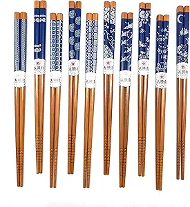 10 Pairs Reusable Bamboo Chopsticks, Blue White Pattern Natural Bamboo Wood Chopsticks, 8.8Inch/22.5cm Polybag packing by LANHUTHS
