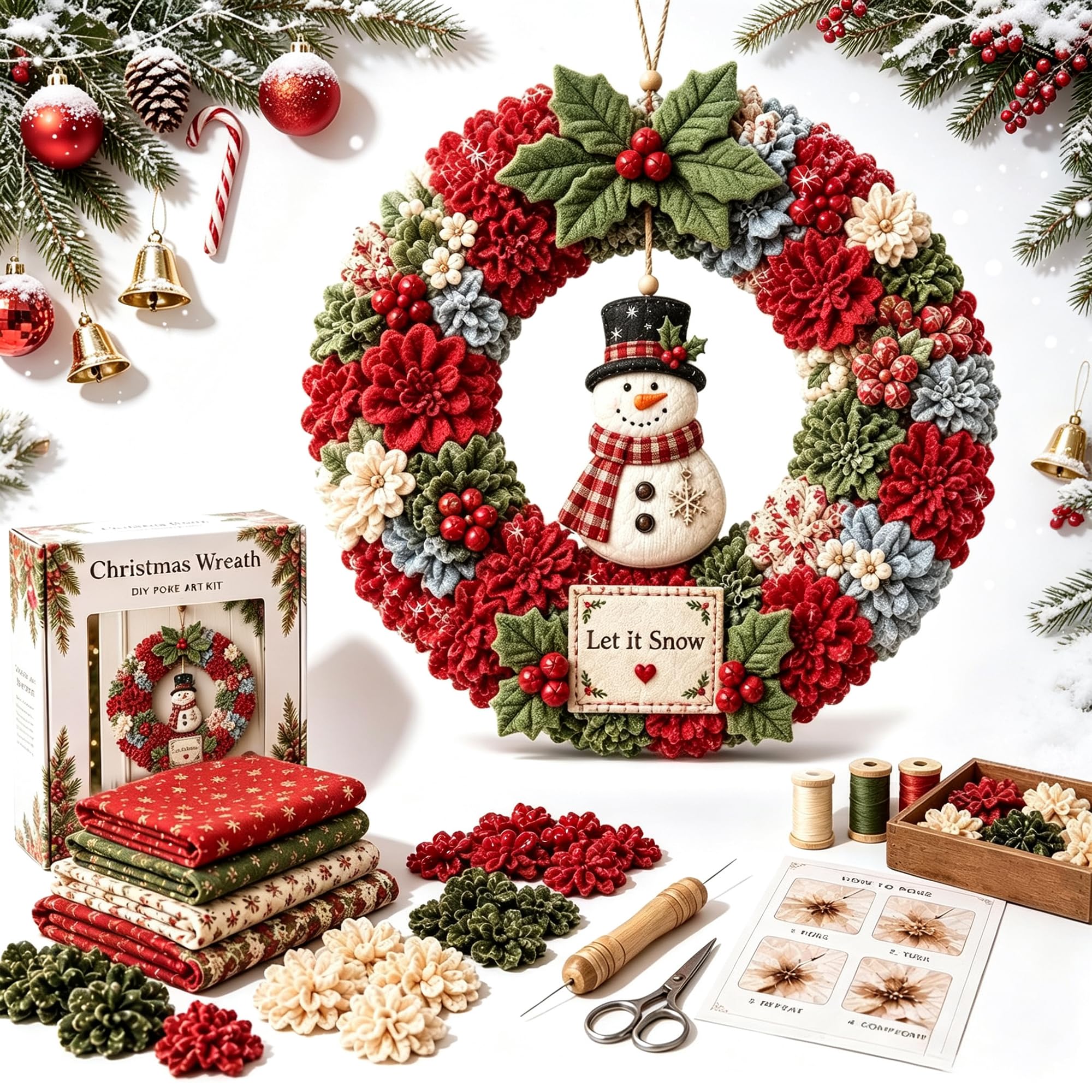 3D Fabric Poke Wreath DIY Kit, Christmas Making Kit for Adult, Snowman