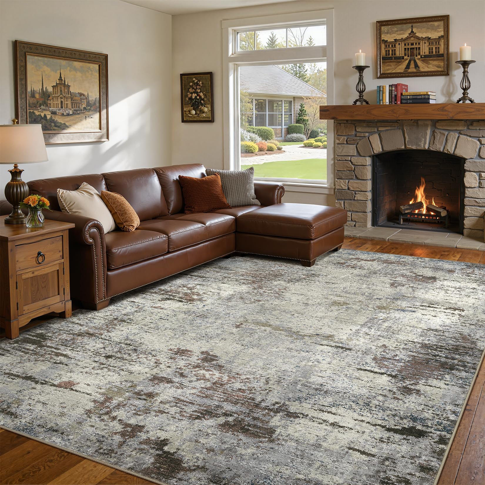 DMOYEST Washable Rugs Living Room 180x270cm - Large Abstract Neutral Modern Soft Non Slip Low Pile Kid Pet Friendly Carpet for Bedroom Dining Home Office - Brown Rust