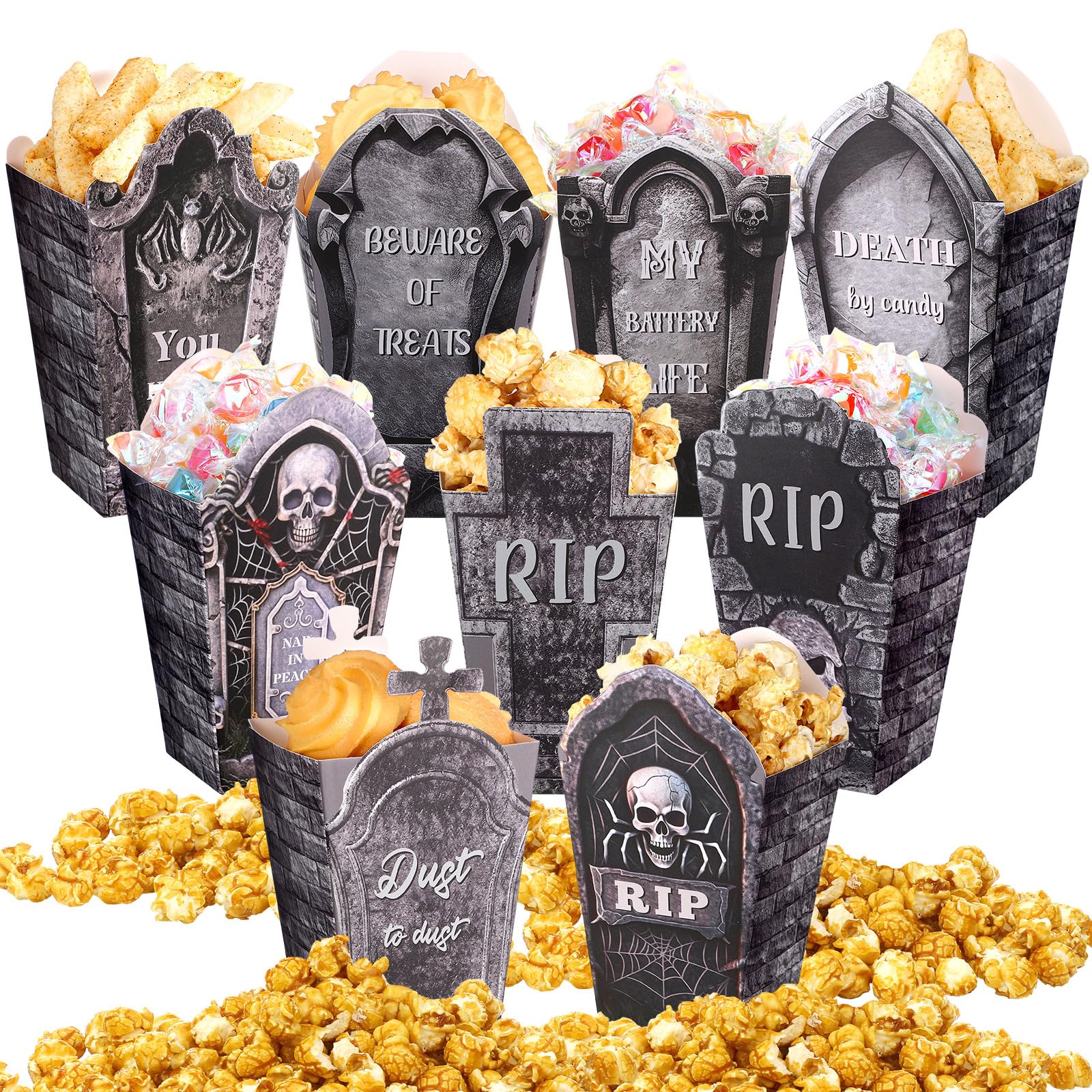 Weekgrat 90 cajas de palomitas de maíz de Halloween, espeluznantes bolsas de papel de lápida de Halloween, bolsas de palomitas de maíz, bolsas de palomitas de maíz de Halloween para dulces, galletas