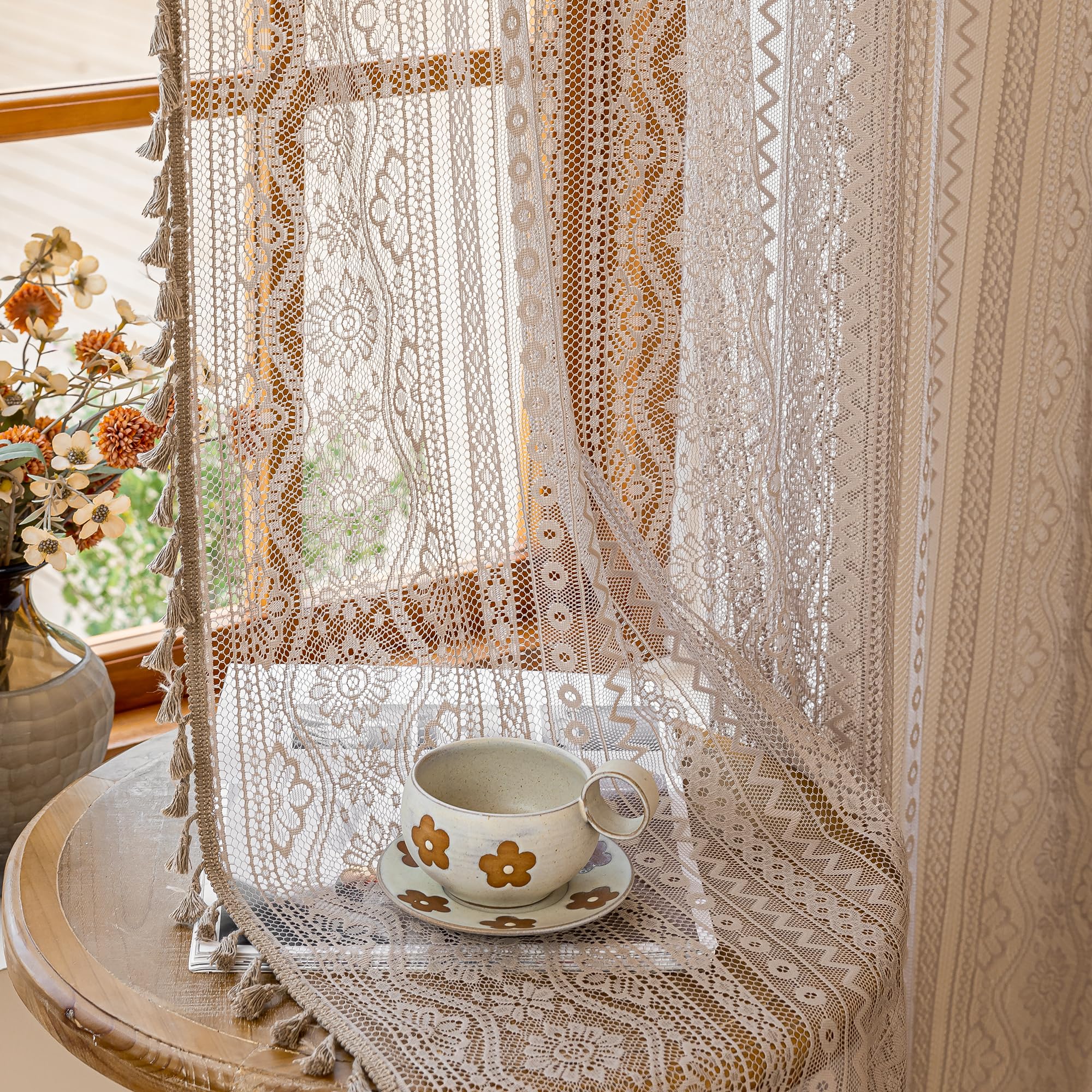 MYSKY HOME Boho Lace Sheer Curtains with Tassels 90 Inch Length 2 Panels Vintage Floral Bohemian Rustic Crochet Geometry Striped Rod Pocket Drapes for Living Room Bedroom, 55" Wide Each Panel, Brown